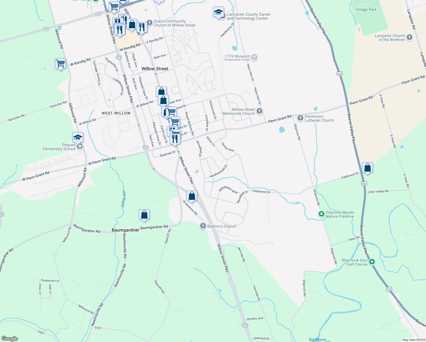 map of restaurants, bars, coffee shops, grocery stores, and more near 15 Bittersweet Path in Willow Street