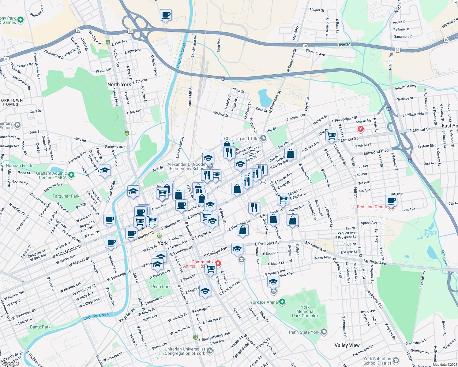 map of restaurants, bars, coffee shops, grocery stores, and more near 504 East Philadelphia Street in York