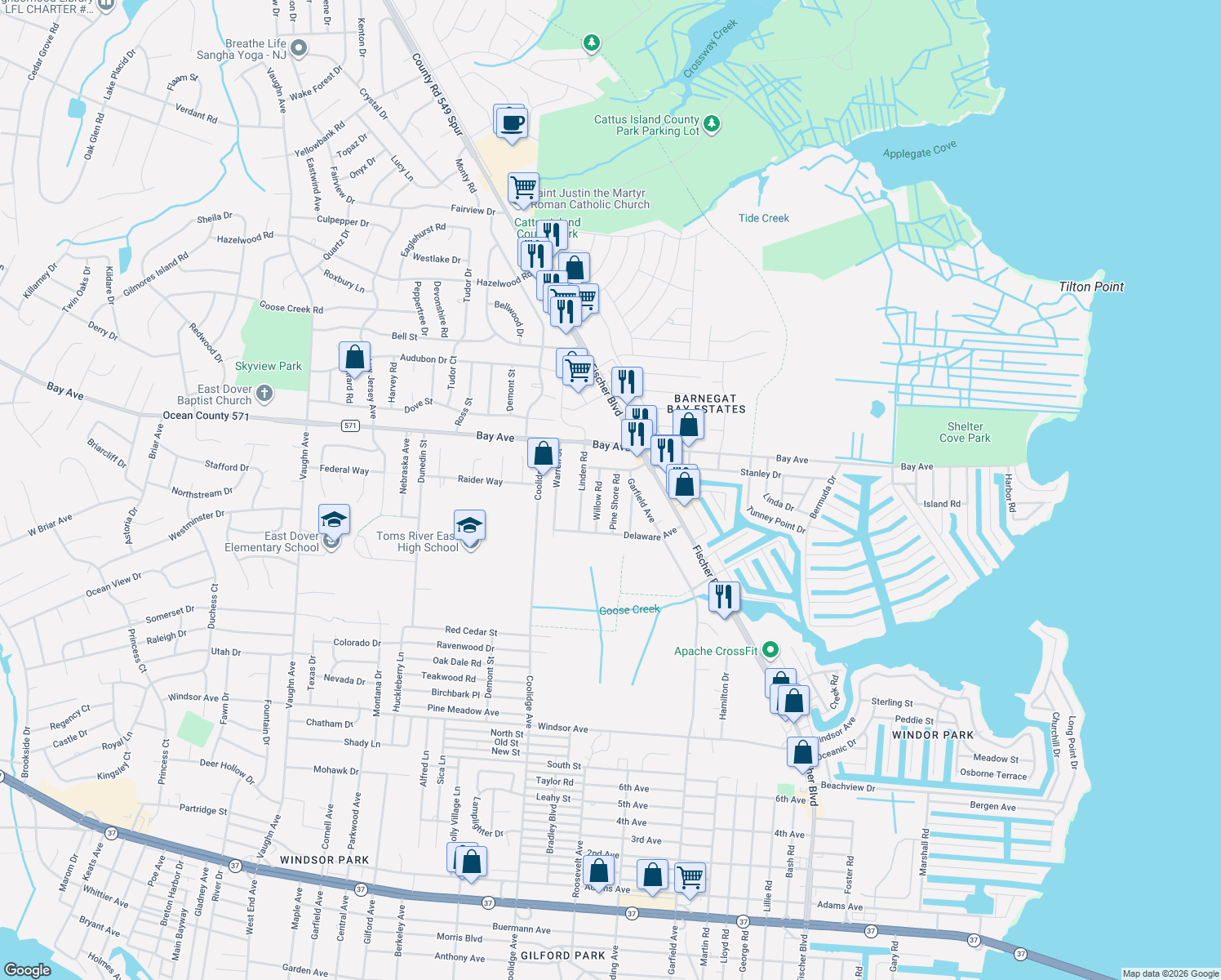 map of restaurants, bars, coffee shops, grocery stores, and more near 804 Pine Shore Rd in Toms River
