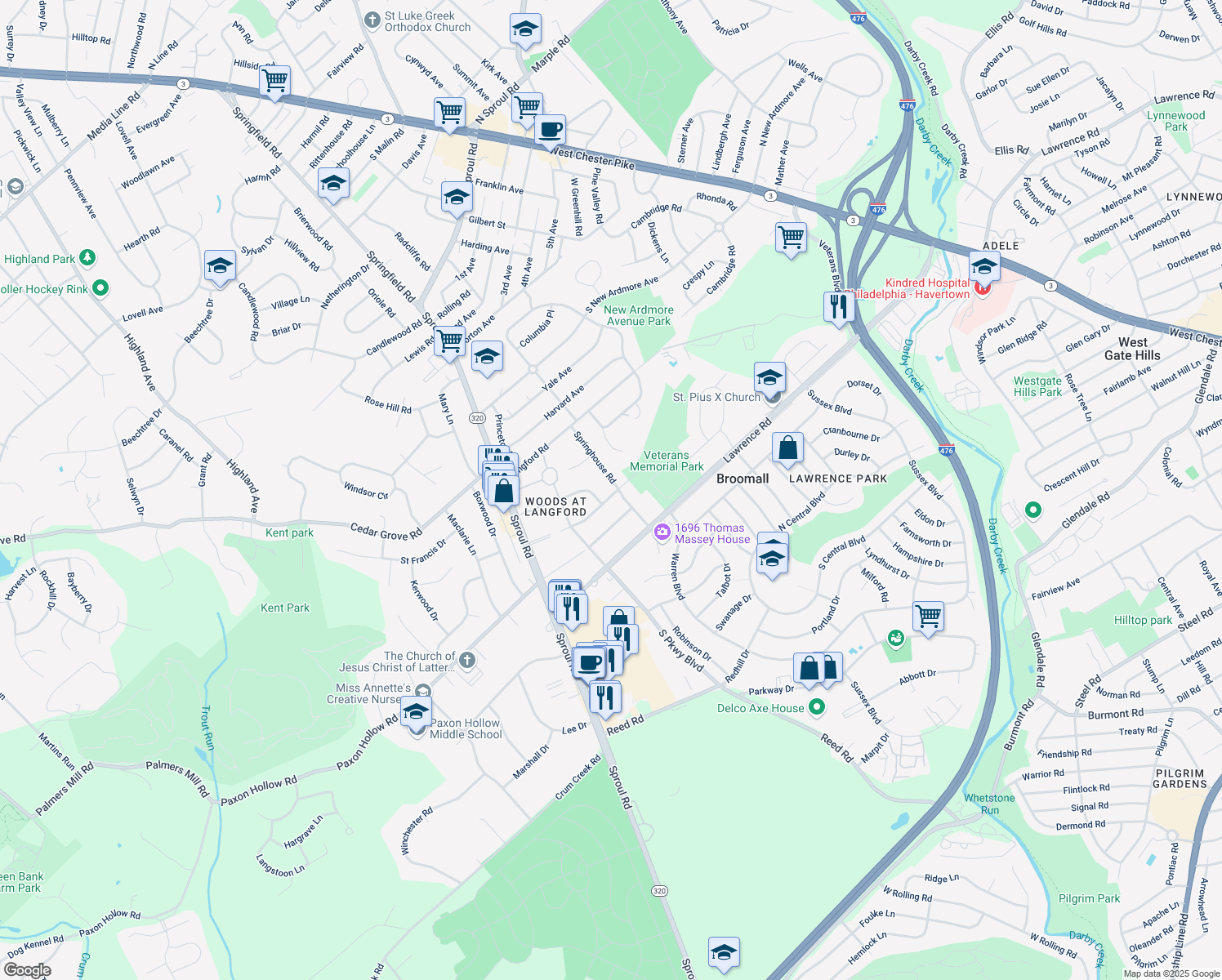map of restaurants, bars, coffee shops, grocery stores, and more near 2030 Springhouse Road in Broomall