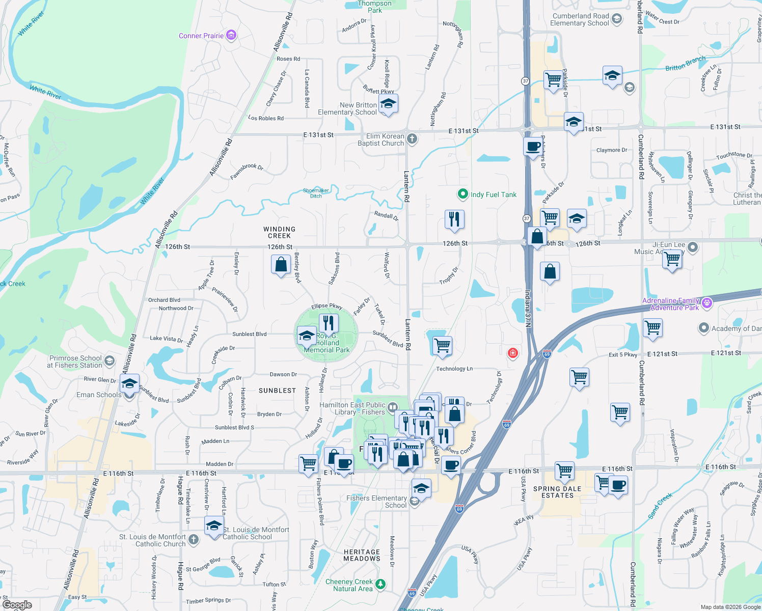 map of restaurants, bars, coffee shops, grocery stores, and more near 12469 Turkel Drive in Fishers