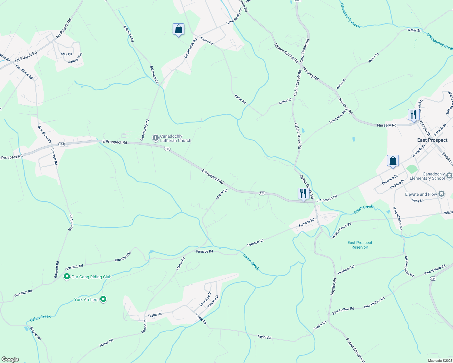 map of restaurants, bars, coffee shops, grocery stores, and more near 5083 East Prospect Road in York