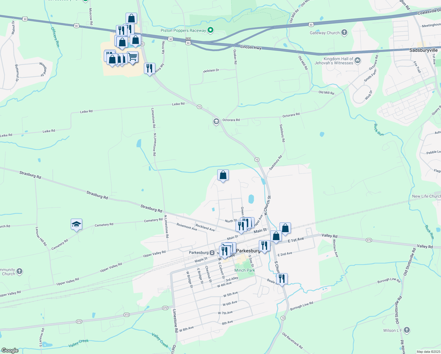 map of restaurants, bars, coffee shops, grocery stores, and more near 117 West Julie Drive in Parkesburg