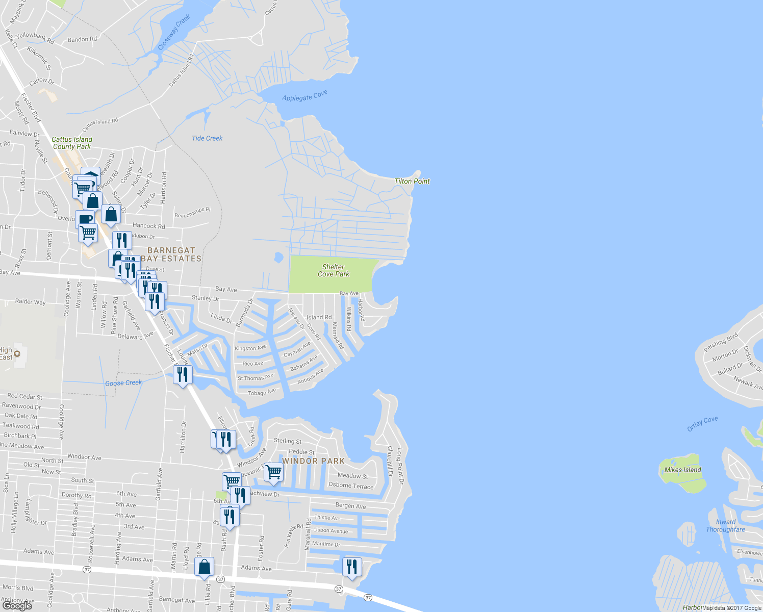 map of restaurants, bars, coffee shops, grocery stores, and more near 9 Cove Point Road in Toms River
