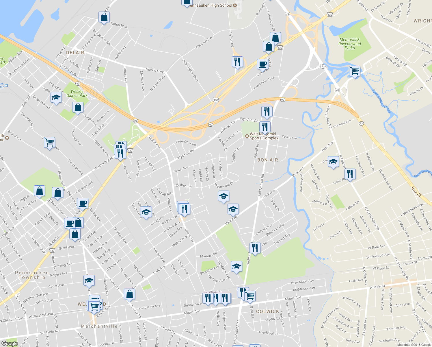 map of restaurants, bars, coffee shops, grocery stores, and more near 2616 Tauton Drive in Pennsauken Township