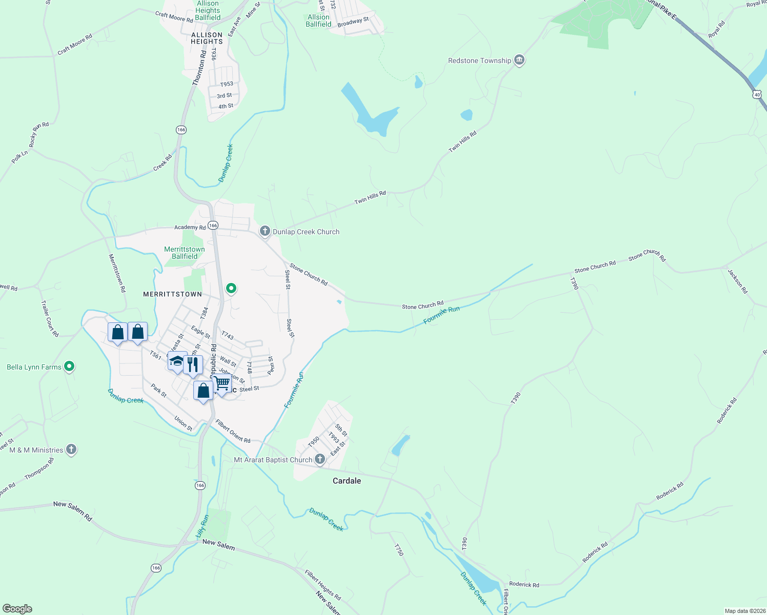 map of restaurants, bars, coffee shops, grocery stores, and more near 292 Stone Church Road in Grindstone