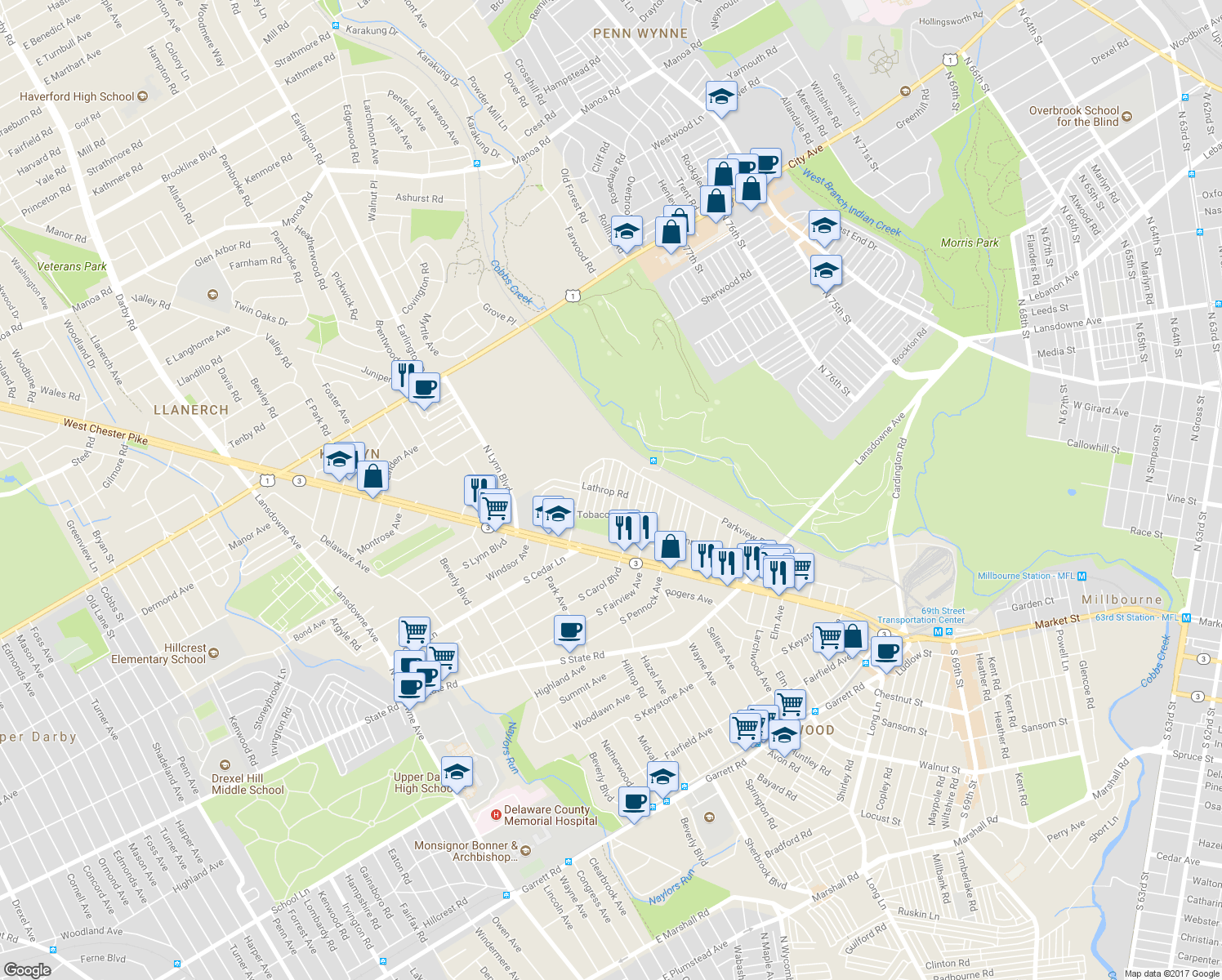 map of restaurants, bars, coffee shops, grocery stores, and more near 146 North Madison Avenue in Upper Darby