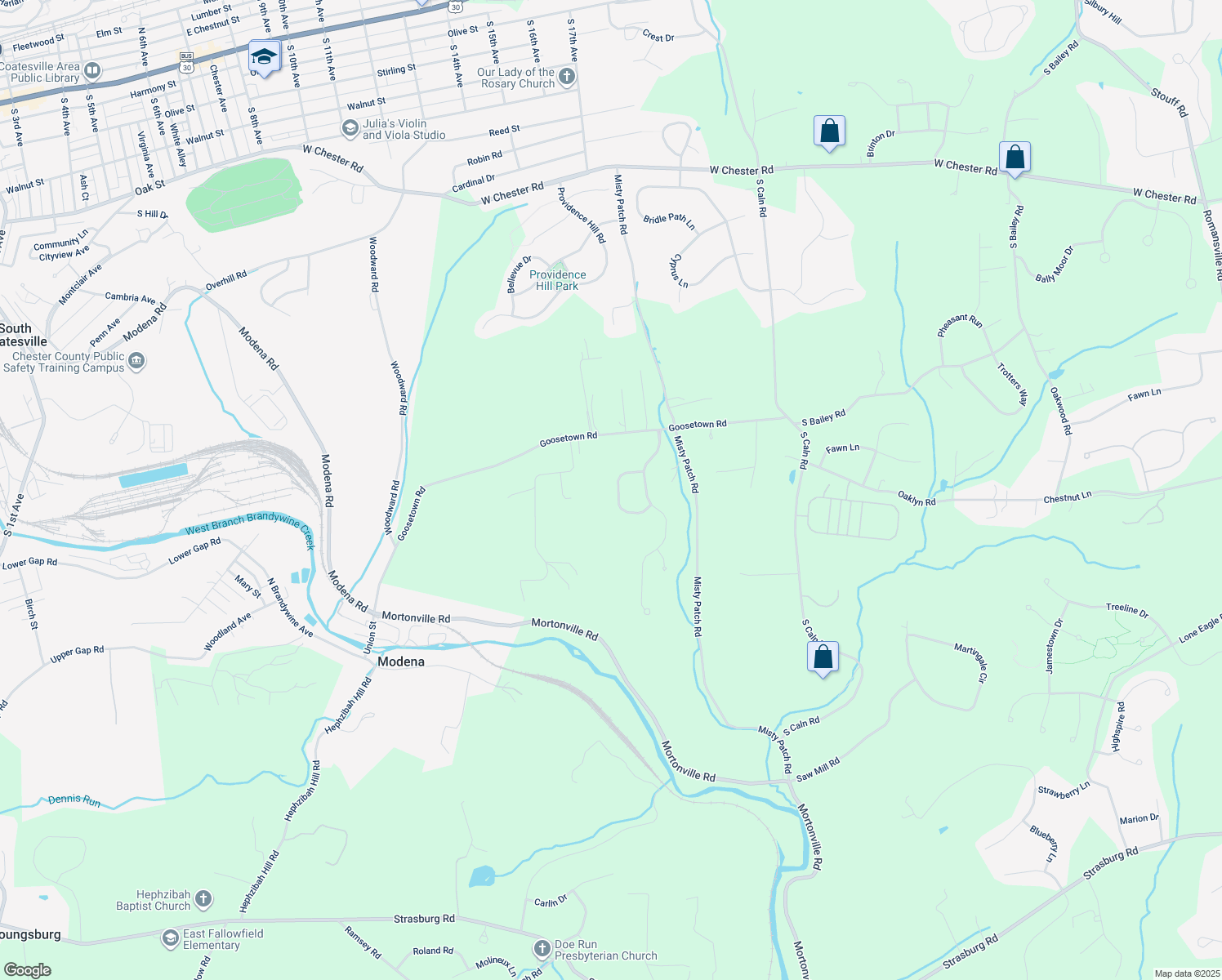 map of restaurants, bars, coffee shops, grocery stores, and more near 113 Riverside Lane in Coatesville
