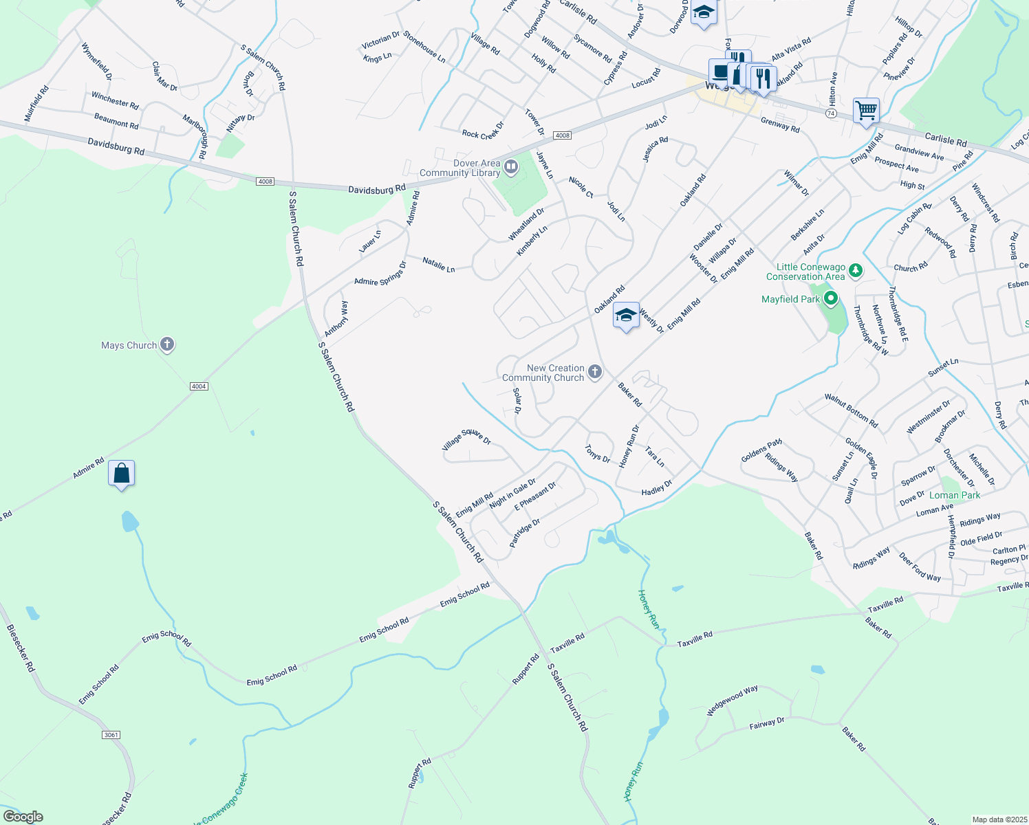 map of restaurants, bars, coffee shops, grocery stores, and more near 3117 Equinox Road in Dover