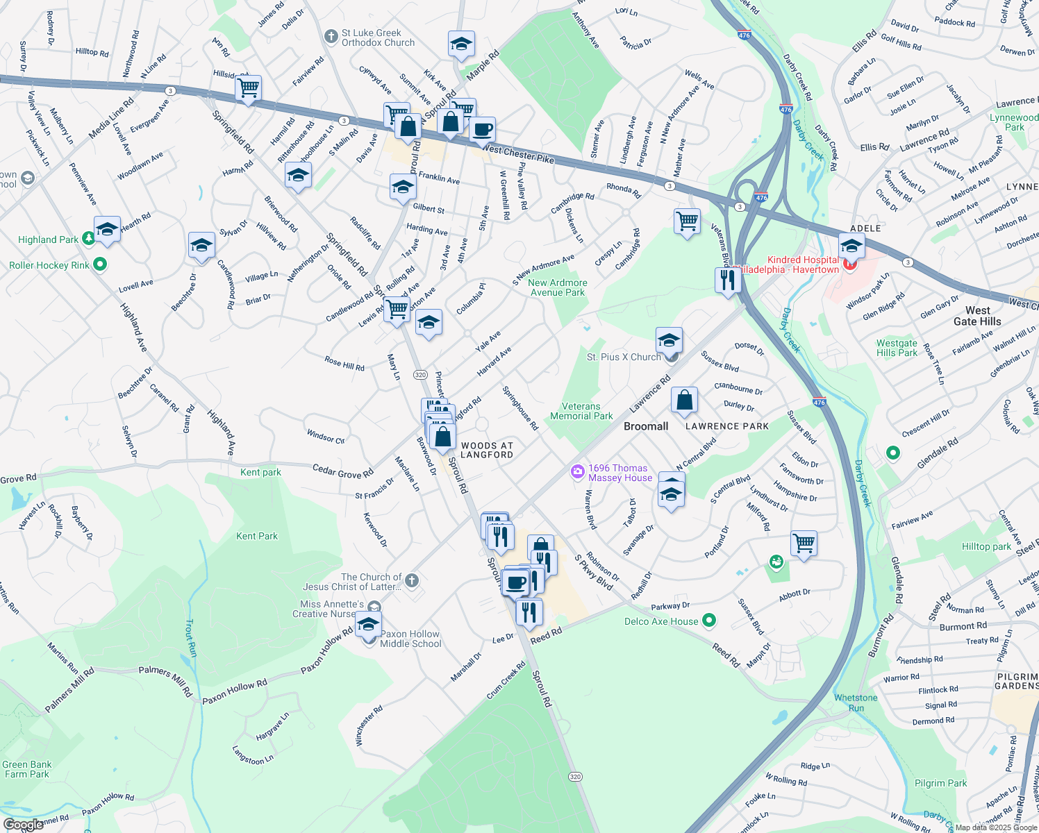 map of restaurants, bars, coffee shops, grocery stores, and more near 2050 Springhouse Road in Broomall