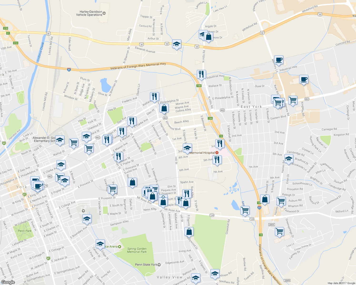 map of restaurants, bars, coffee shops, grocery stores, and more near 1407 2nd Avenue in York
