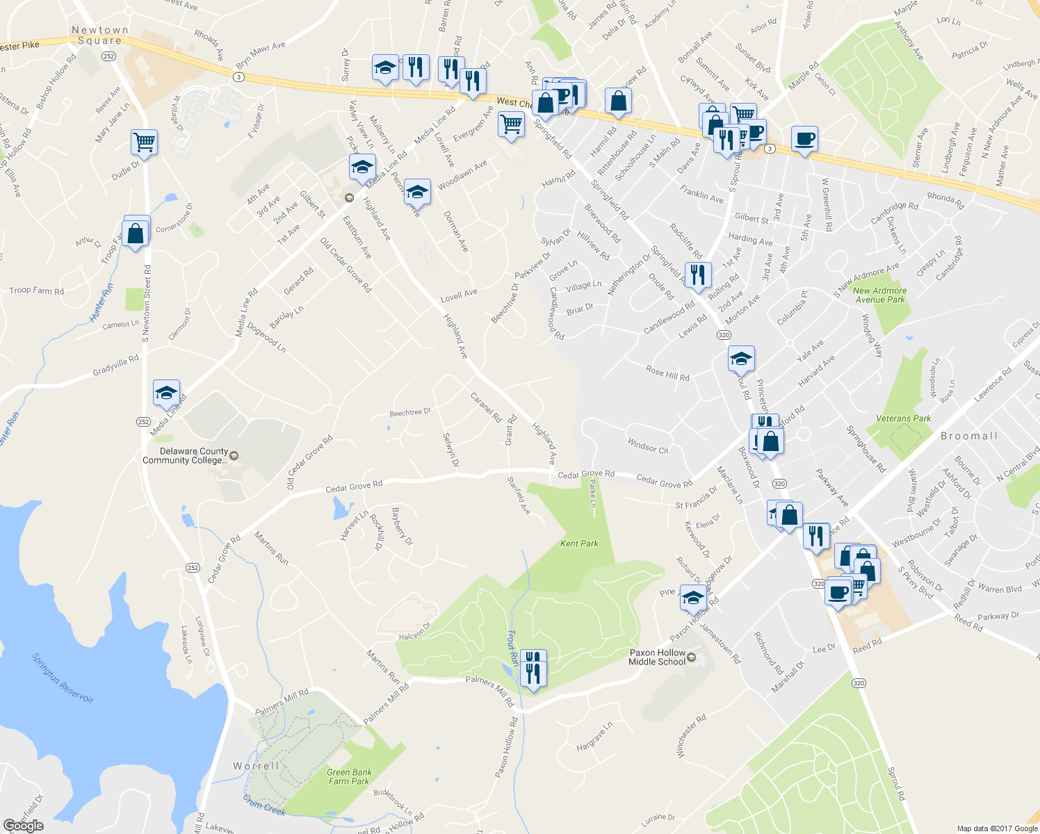 map of restaurants, bars, coffee shops, grocery stores, and more near 2606 Highland Avenue in Broomall
