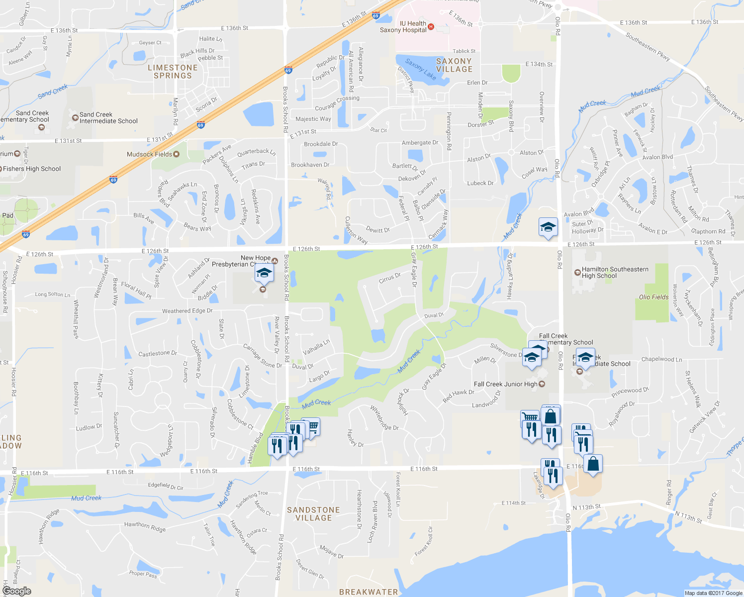 map of restaurants, bars, coffee shops, grocery stores, and more near 12419 Brandamore Lane in Fishers