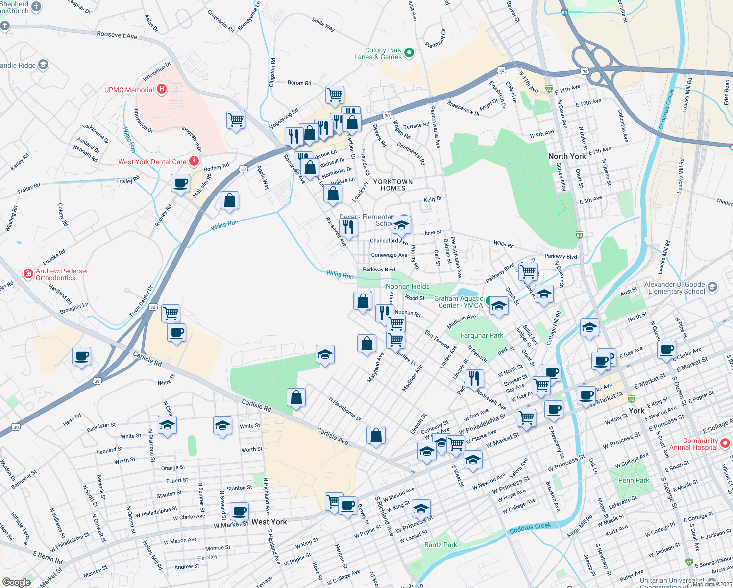 map of restaurants, bars, coffee shops, grocery stores, and more near 452 Tioga Street in York