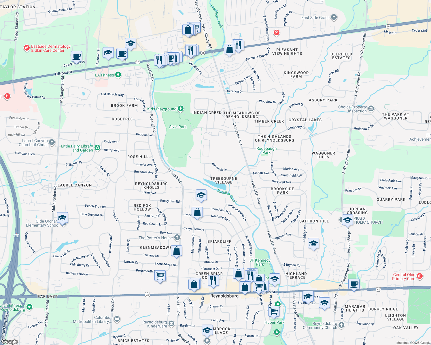 map of restaurants, bars, coffee shops, grocery stores, and more near 679 Blackoak Ct in Reynoldsburg