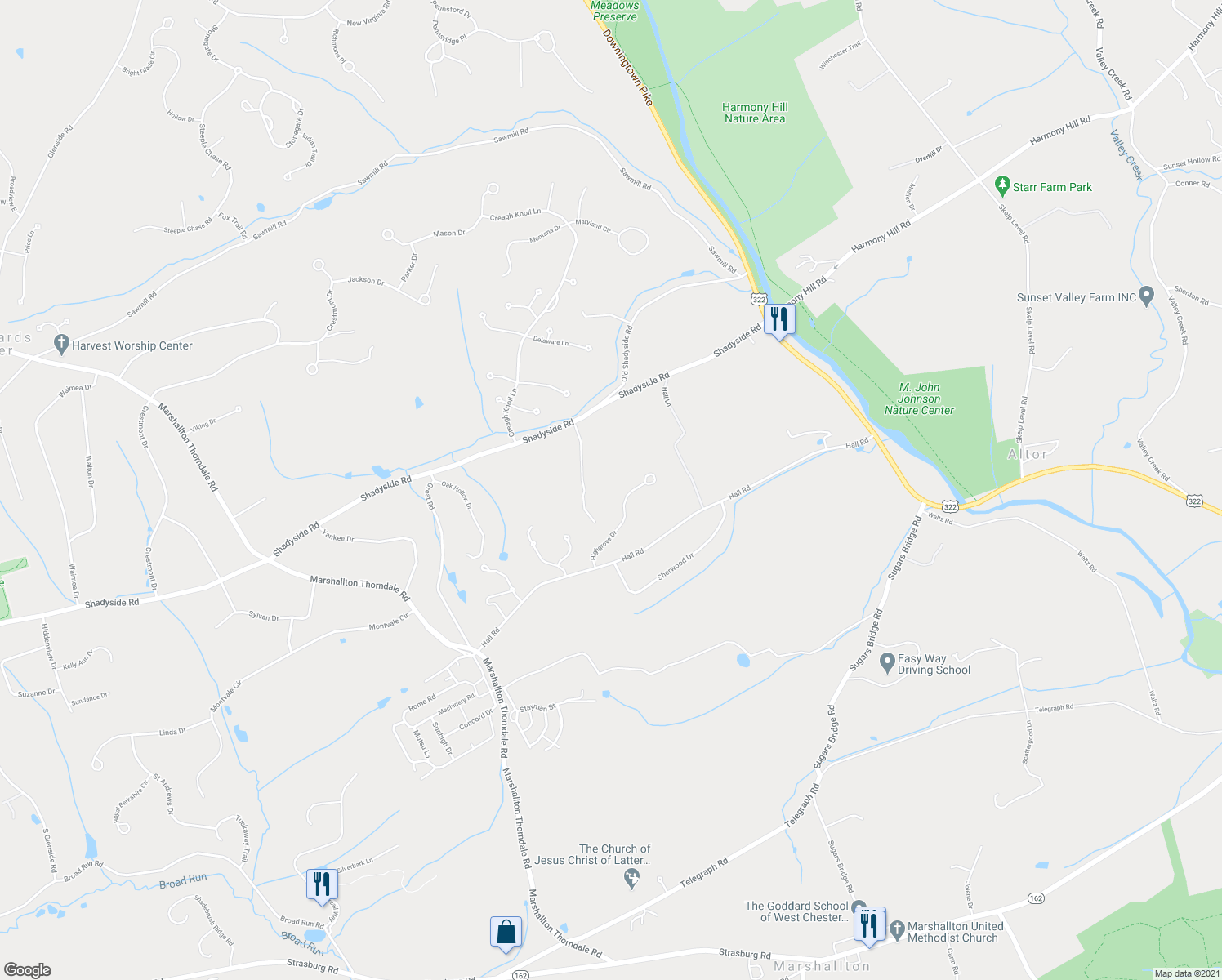 map of restaurants, bars, coffee shops, grocery stores, and more near 1129 Highgrove Drive in Chester County