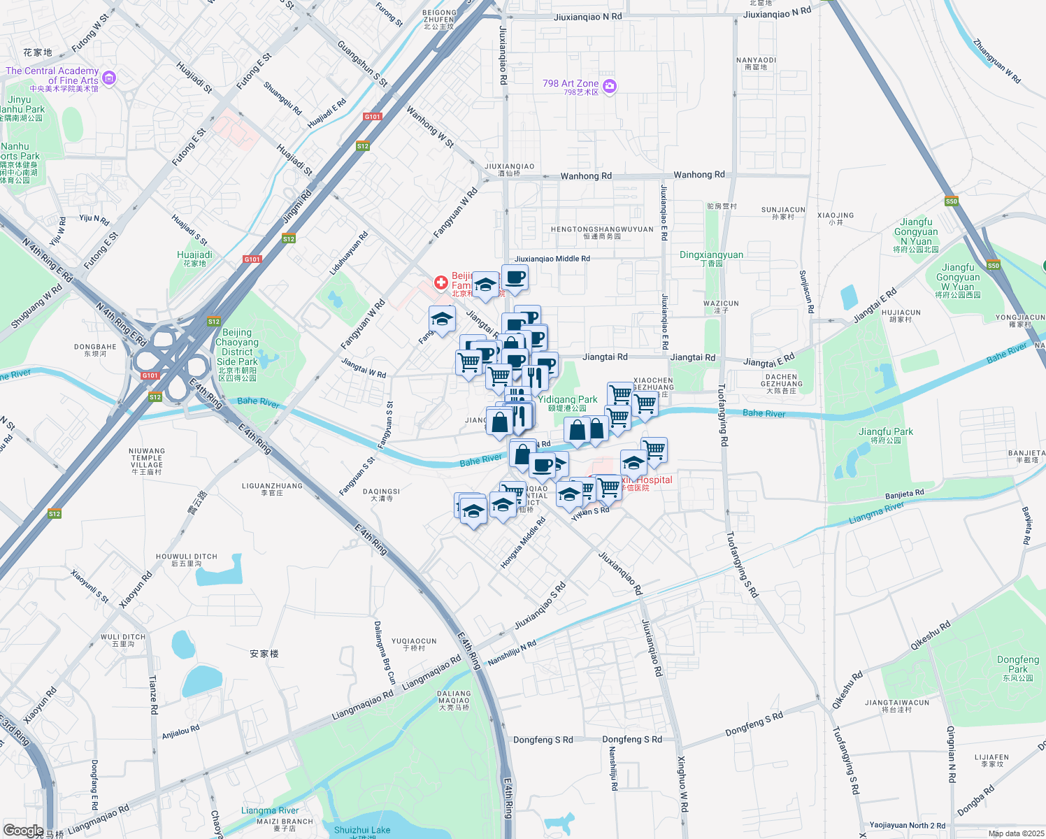 map of restaurants, bars, coffee shops, grocery stores, and more near 18 Jiu Xian Qiao Lu in Beijing