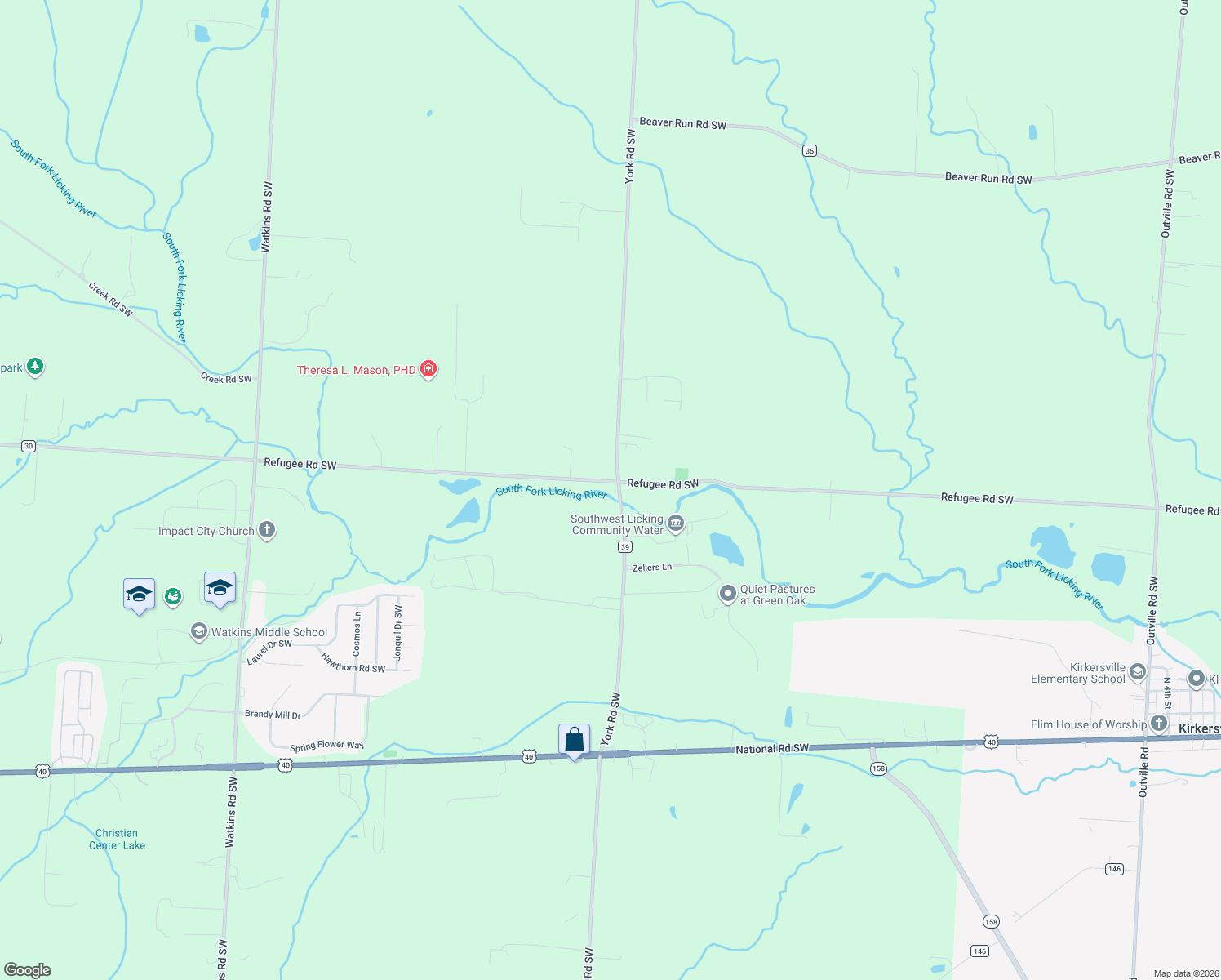 map of restaurants, bars, coffee shops, grocery stores, and more near 7173 Refugee Road Southwest in Pataskala