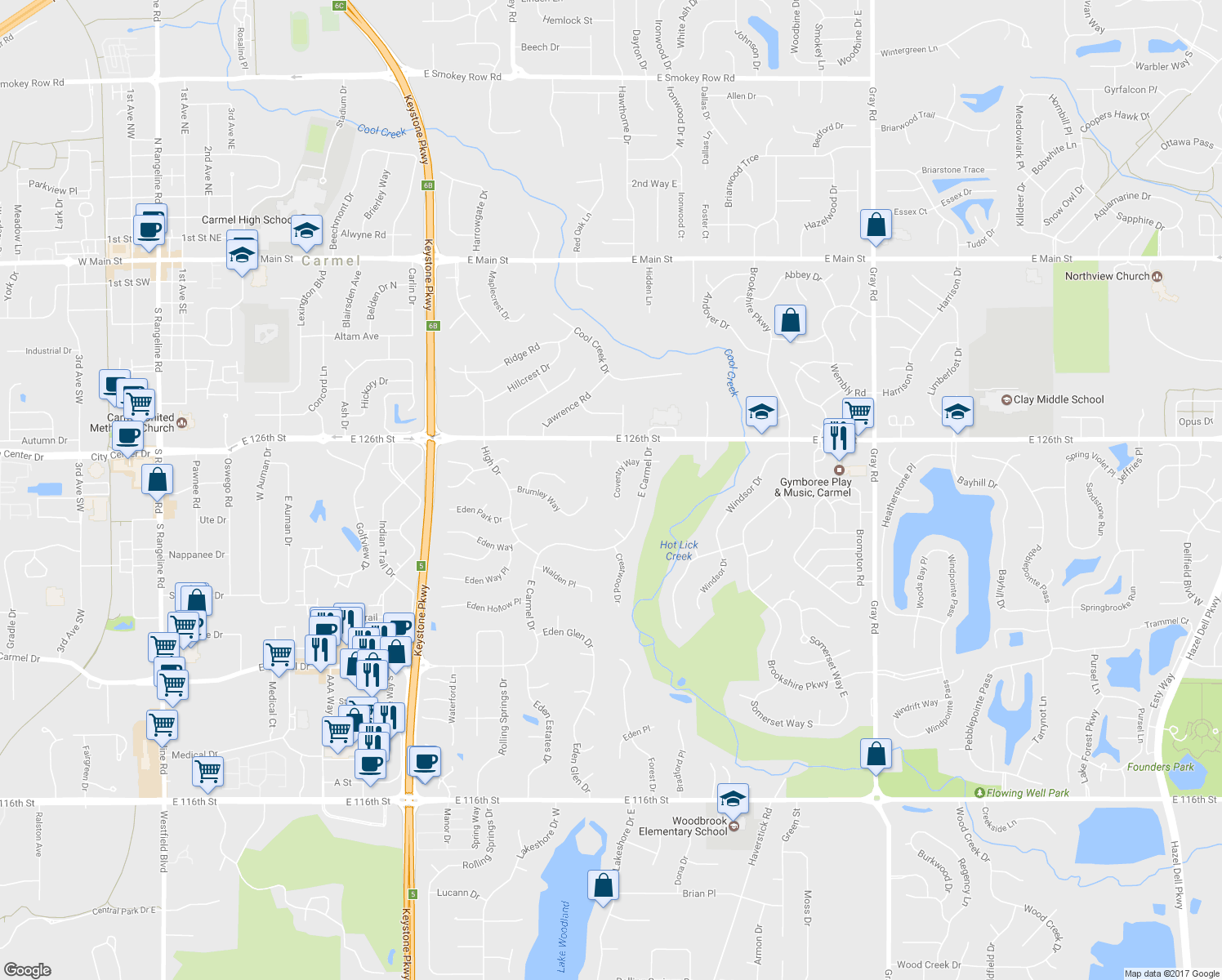 map of restaurants, bars, coffee shops, grocery stores, and more near 3730 Coventry Way in Carmel