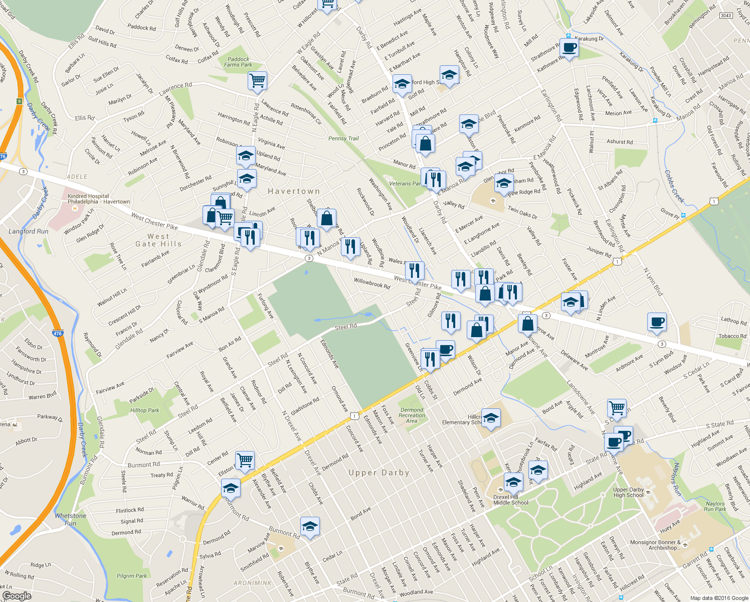 map of restaurants, bars, coffee shops, grocery stores, and more near 108 Westwood Park Drive in Havertown