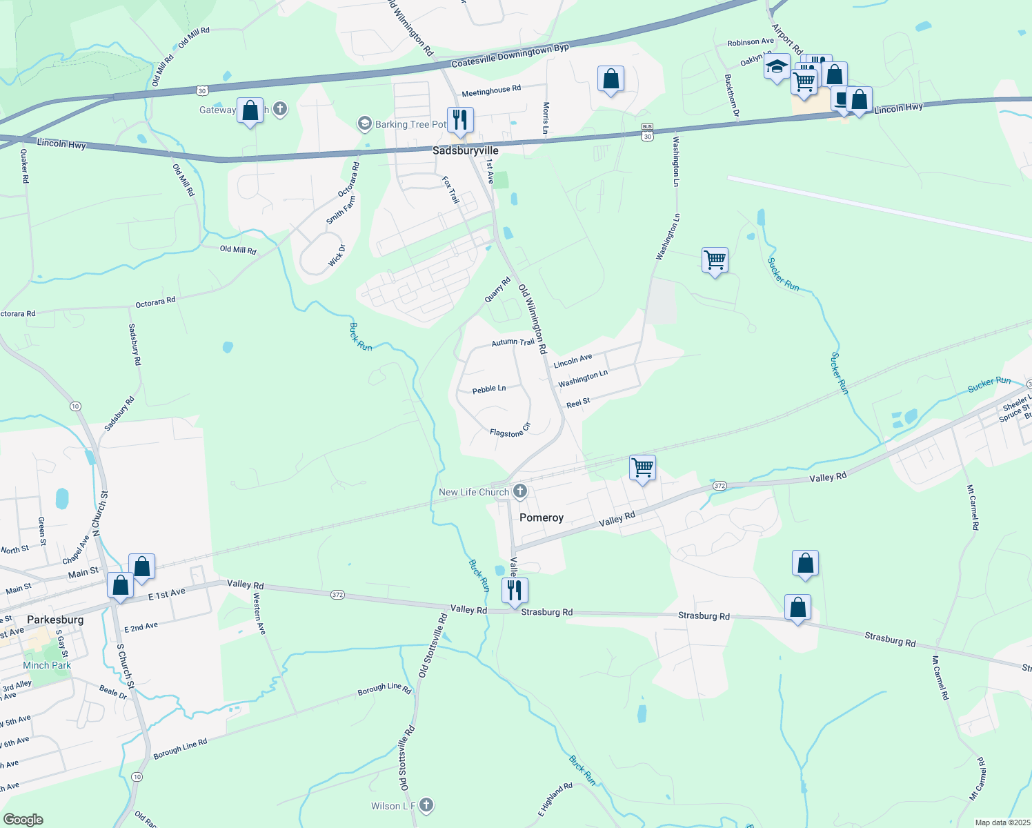 map of restaurants, bars, coffee shops, grocery stores, and more near 616 Bedrock Road in Coatesville