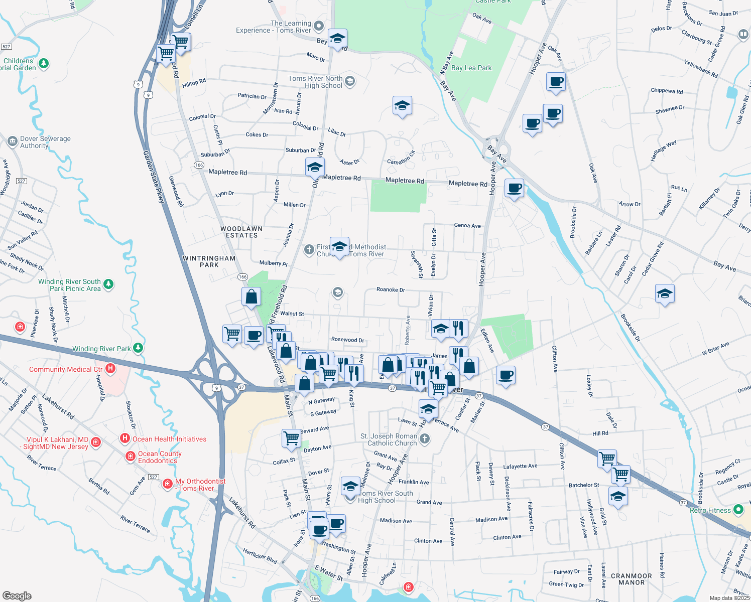 map of restaurants, bars, coffee shops, grocery stores, and more near 91 Eric Court in Toms River
