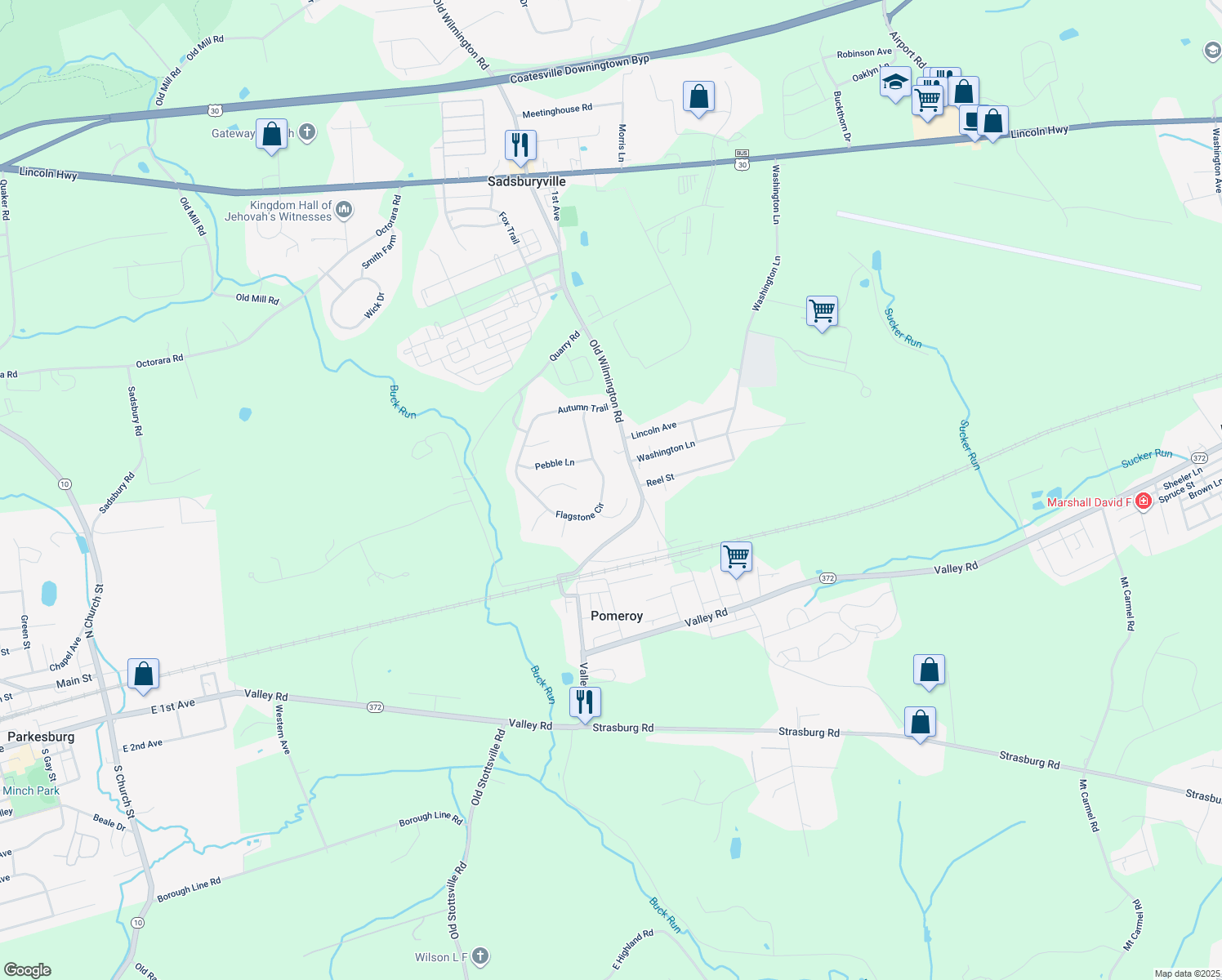 map of restaurants, bars, coffee shops, grocery stores, and more near 308 Flagstone Circle in Coatesville