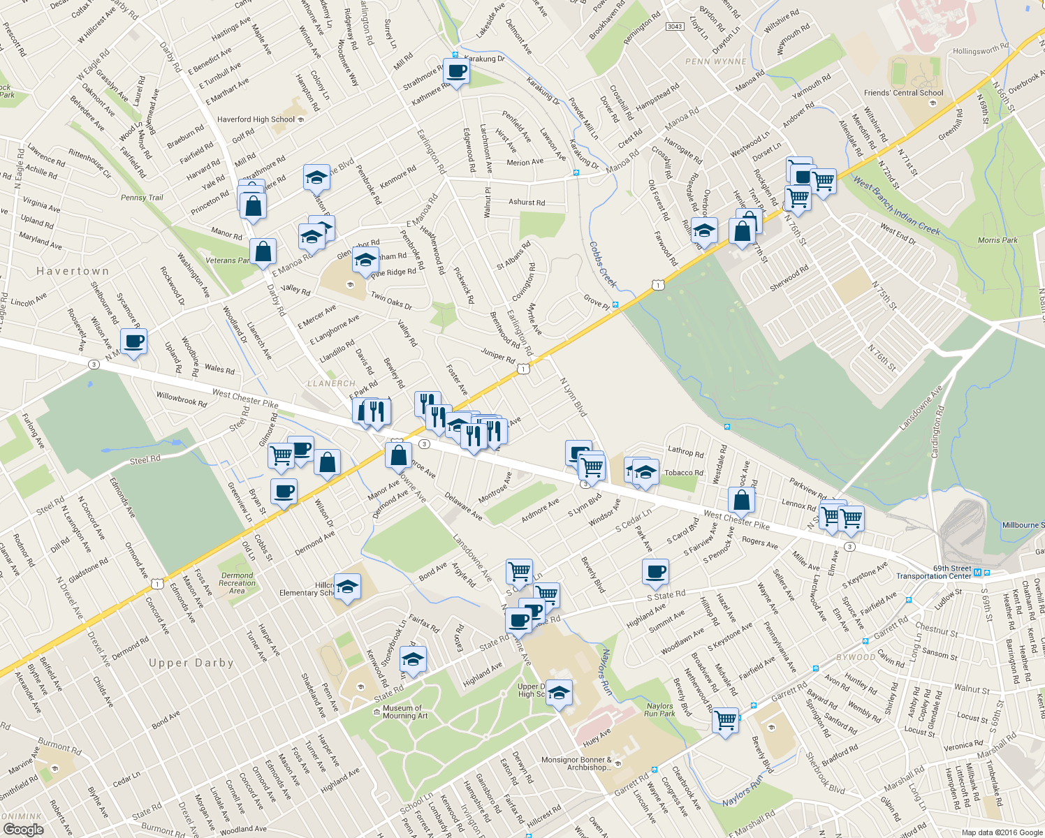 map of restaurants, bars, coffee shops, grocery stores, and more near 119 Magnolia Terrace in Upper Darby