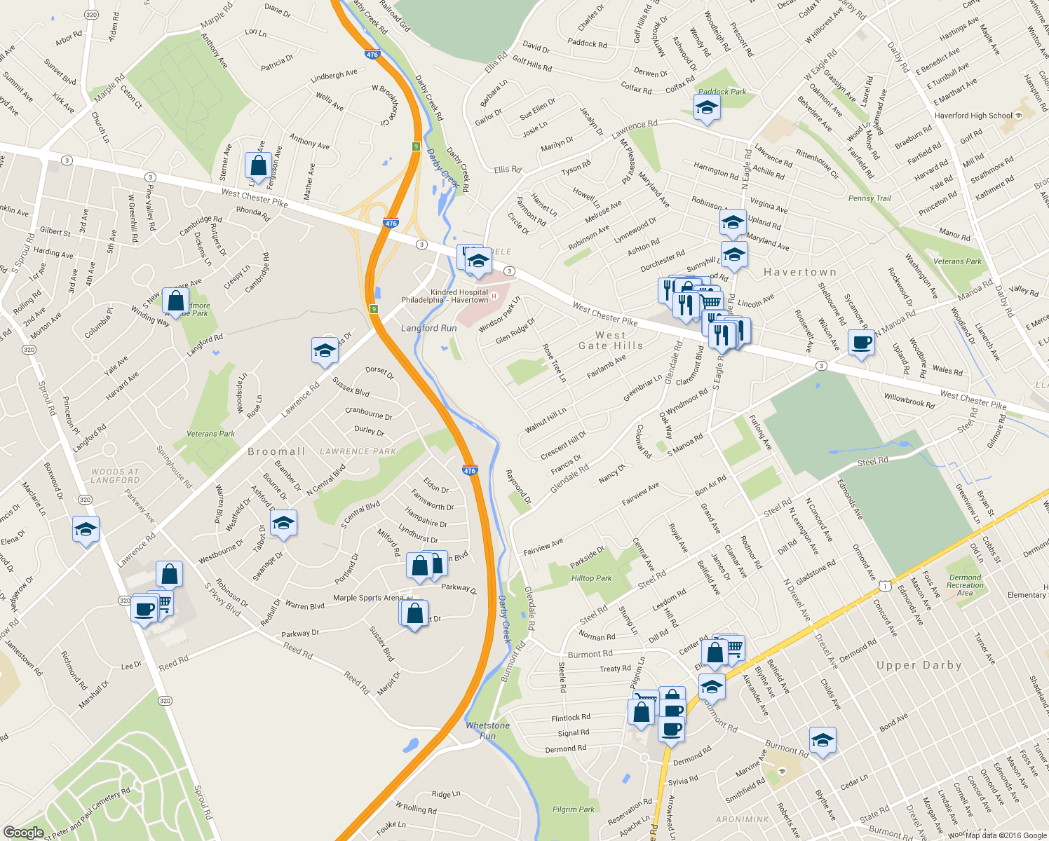map of restaurants, bars, coffee shops, grocery stores, and more near 1400 Windsor Park Lane in Havertown