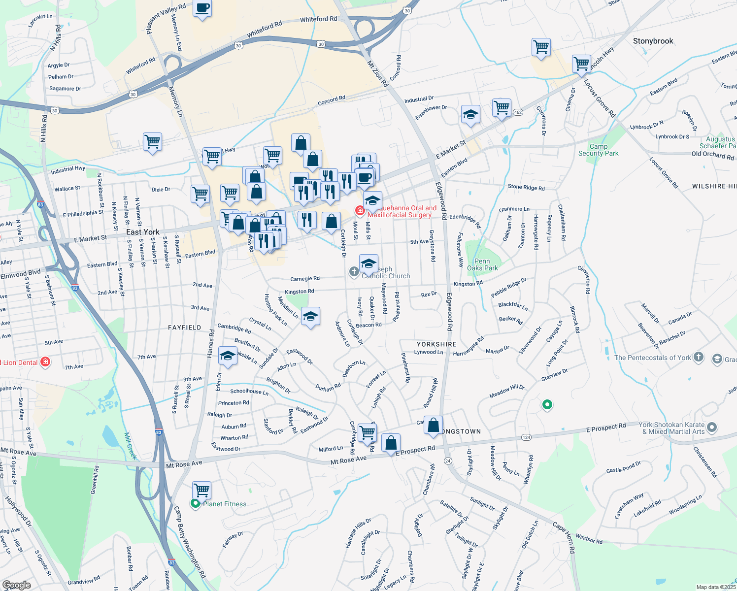 map of restaurants, bars, coffee shops, grocery stores, and more near 410 Quaker Drive in York