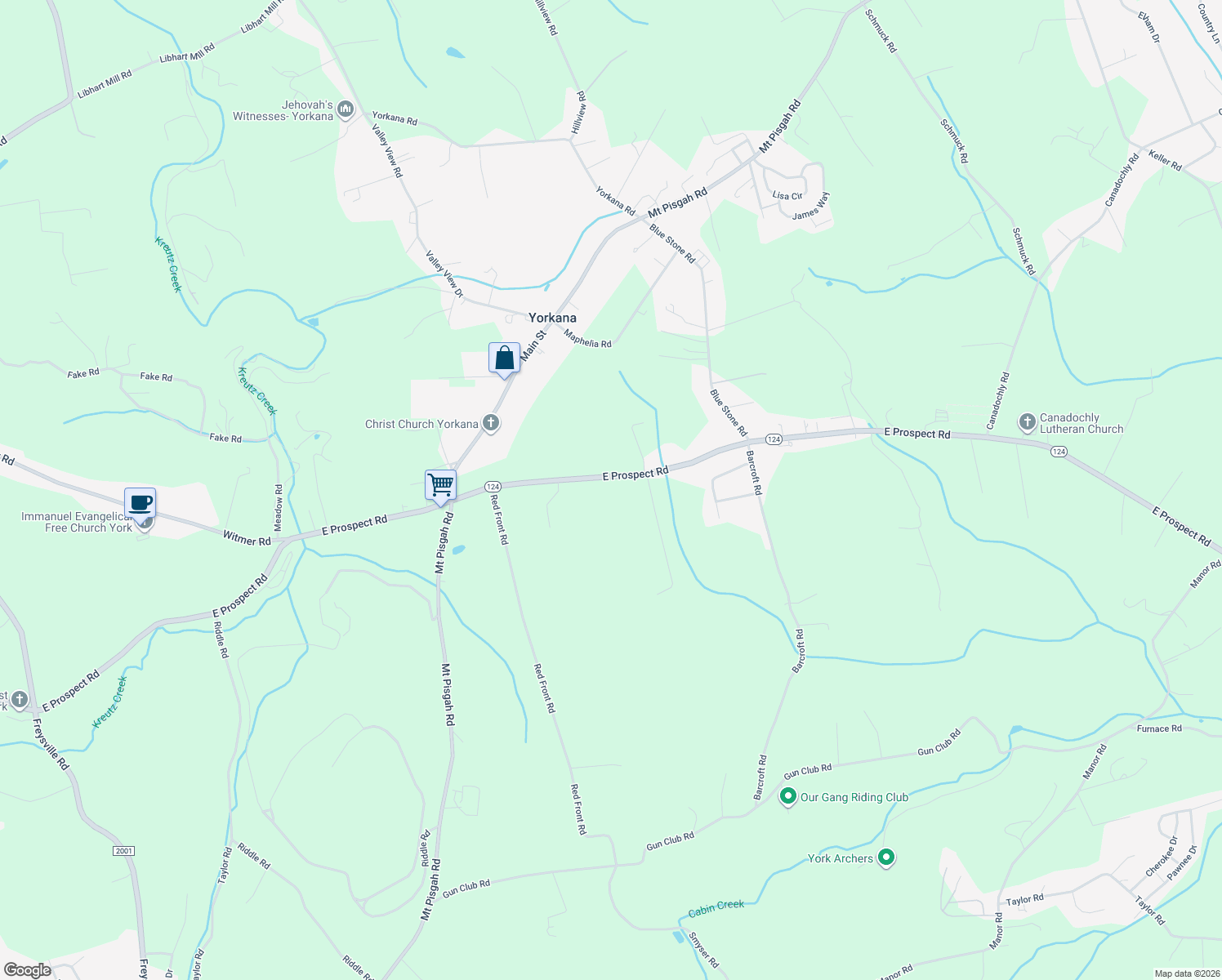 map of restaurants, bars, coffee shops, grocery stores, and more near 4604 E Prospect Rd in York