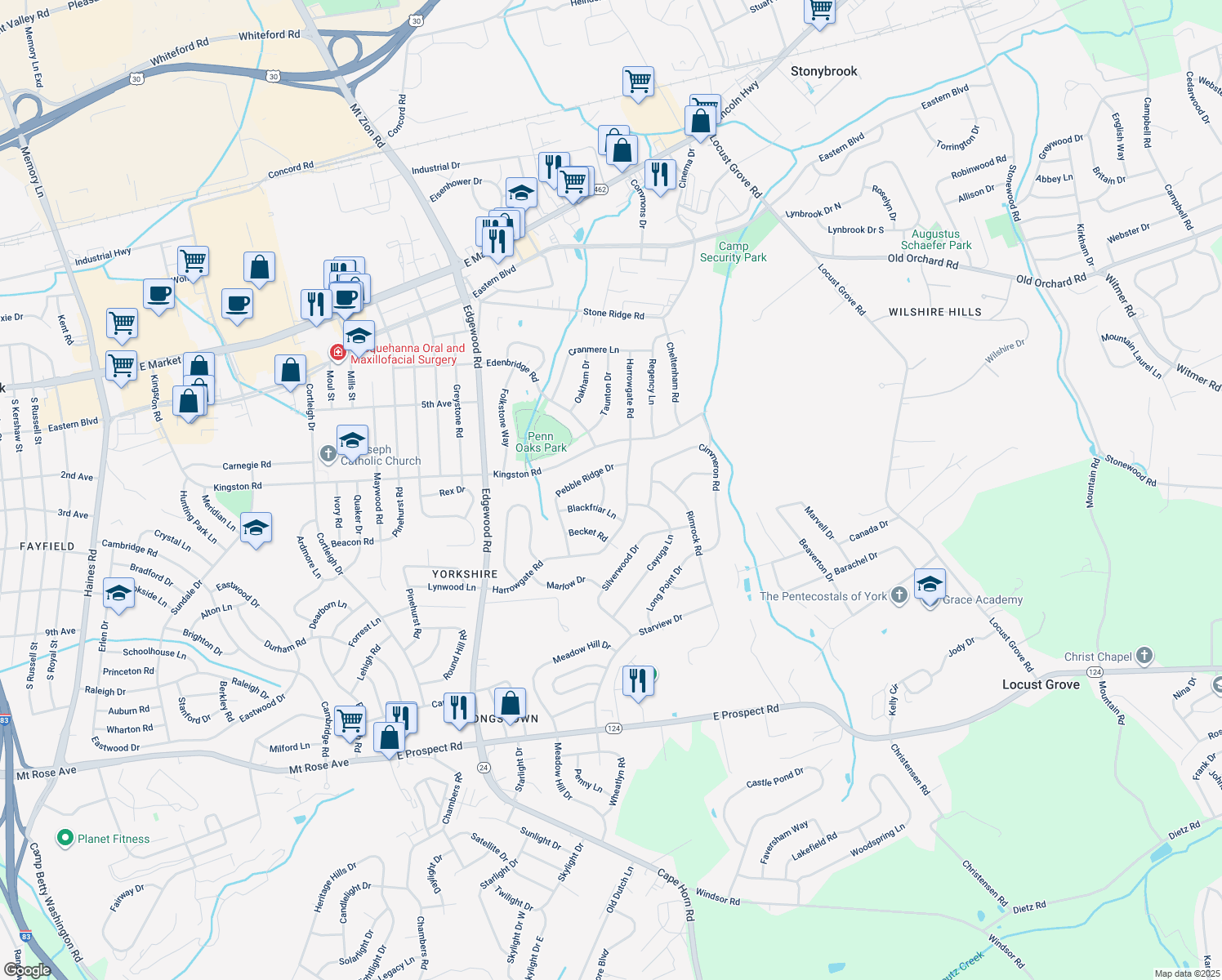 map of restaurants, bars, coffee shops, grocery stores, and more near 545 Eton Lane in York