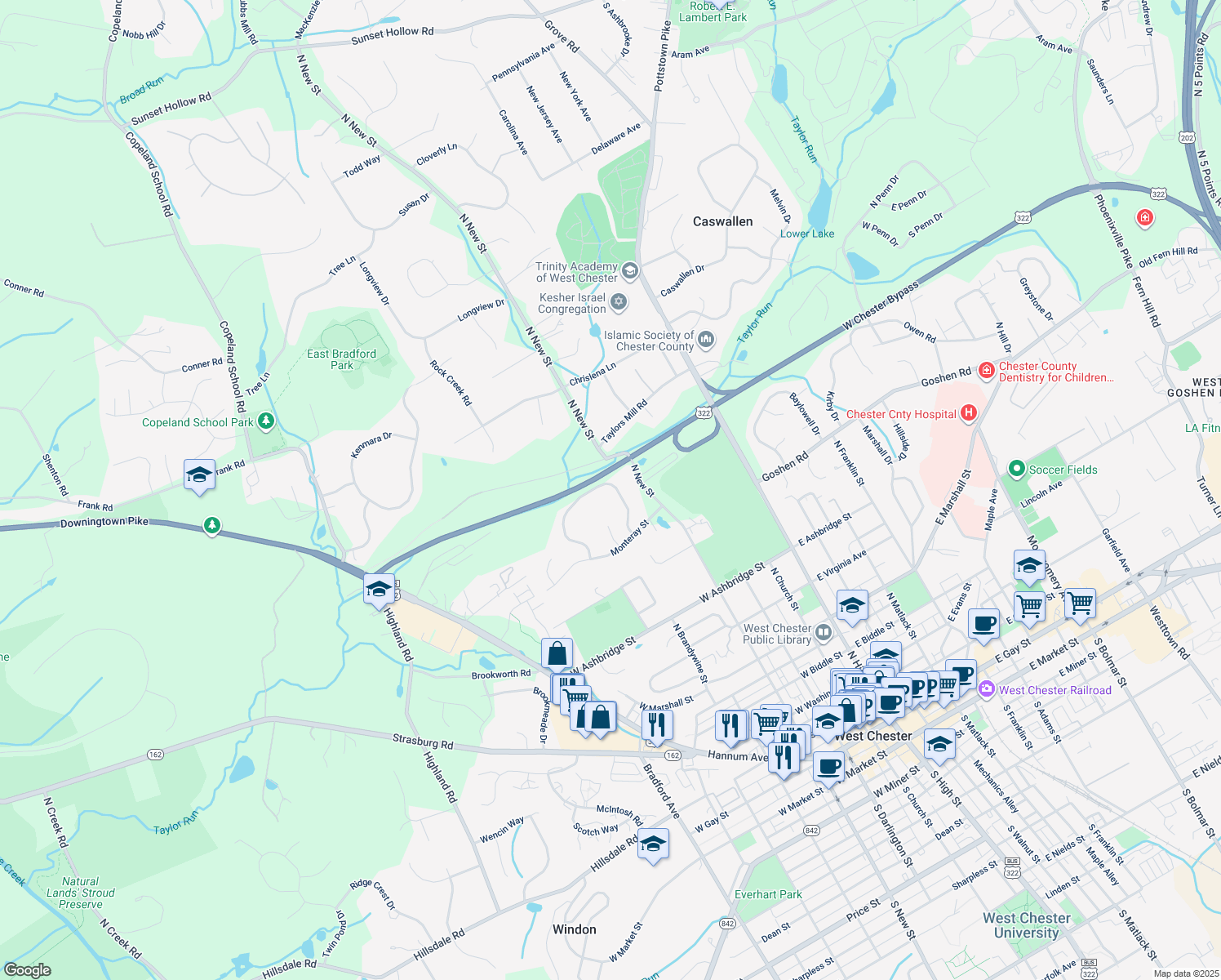 map of restaurants, bars, coffee shops, grocery stores, and more near 936 Garlington Circle in West Chester