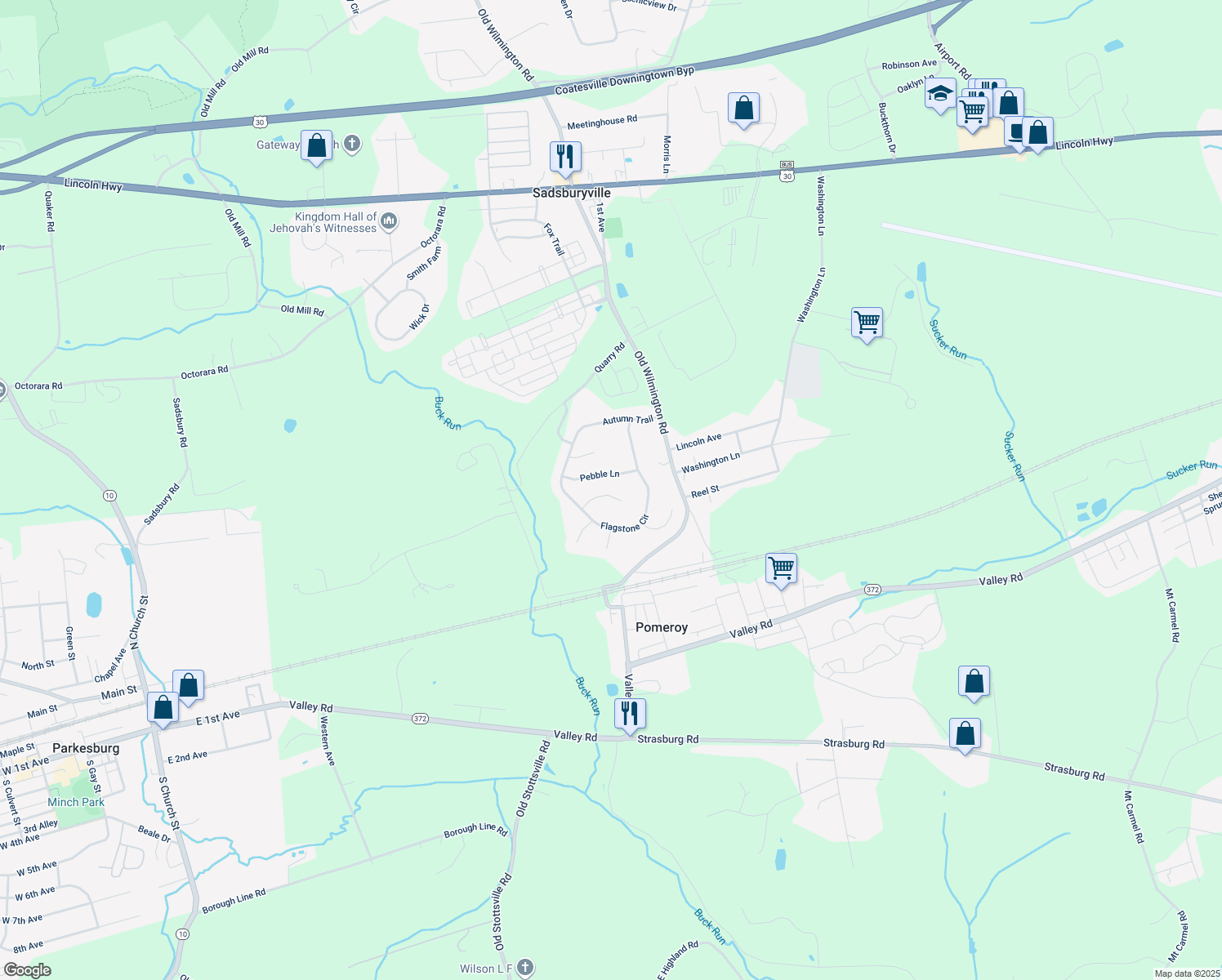 map of restaurants, bars, coffee shops, grocery stores, and more near 609 Bedrock Road in Coatesville