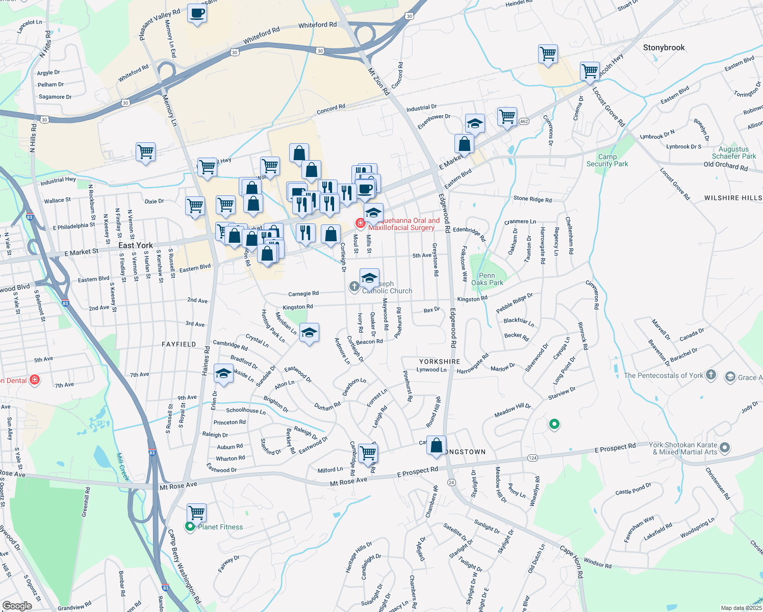 map of restaurants, bars, coffee shops, grocery stores, and more near 400 Maywood Road in York