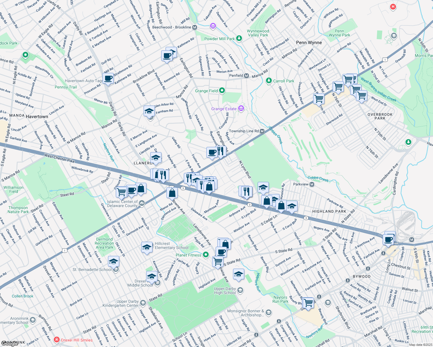 map of restaurants, bars, coffee shops, grocery stores, and more near 220 Magnolia Terrace in Upper Darby