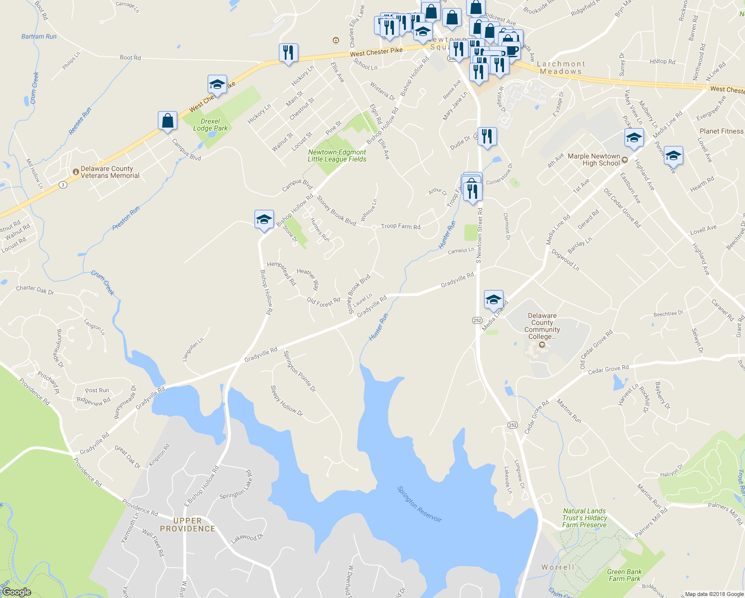 map of restaurants, bars, coffee shops, grocery stores, and more near 10 Laurel Lane in Newtown Square