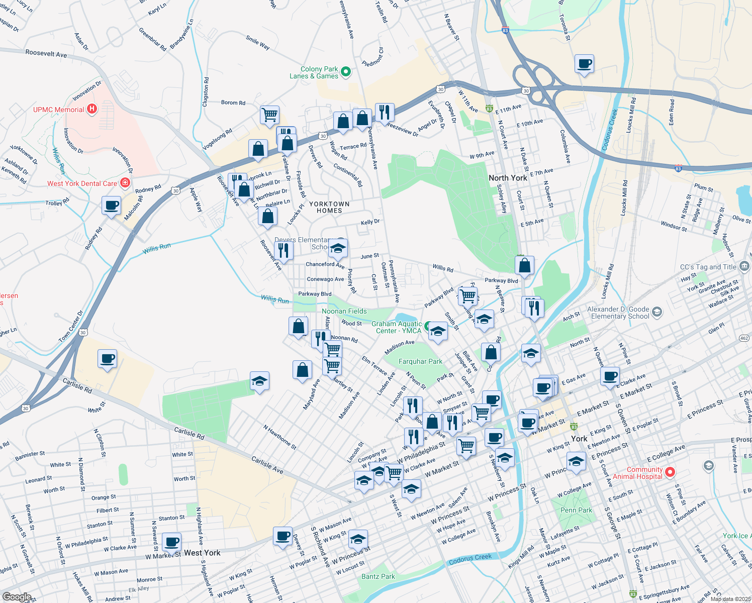 map of restaurants, bars, coffee shops, grocery stores, and more near 734 Priority Road in York
