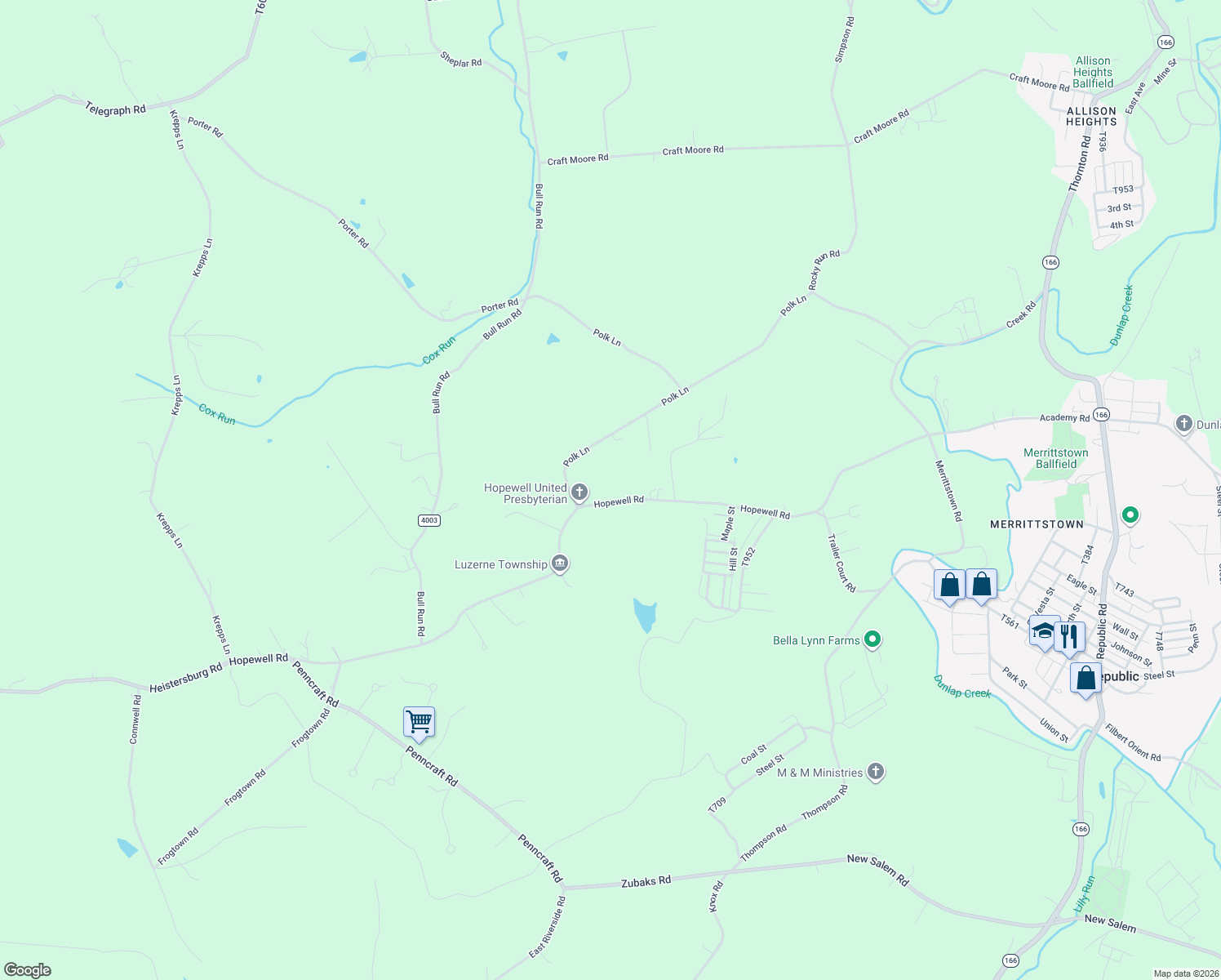 map of restaurants, bars, coffee shops, grocery stores, and more near 374 Hopewell Rd in Brownsville