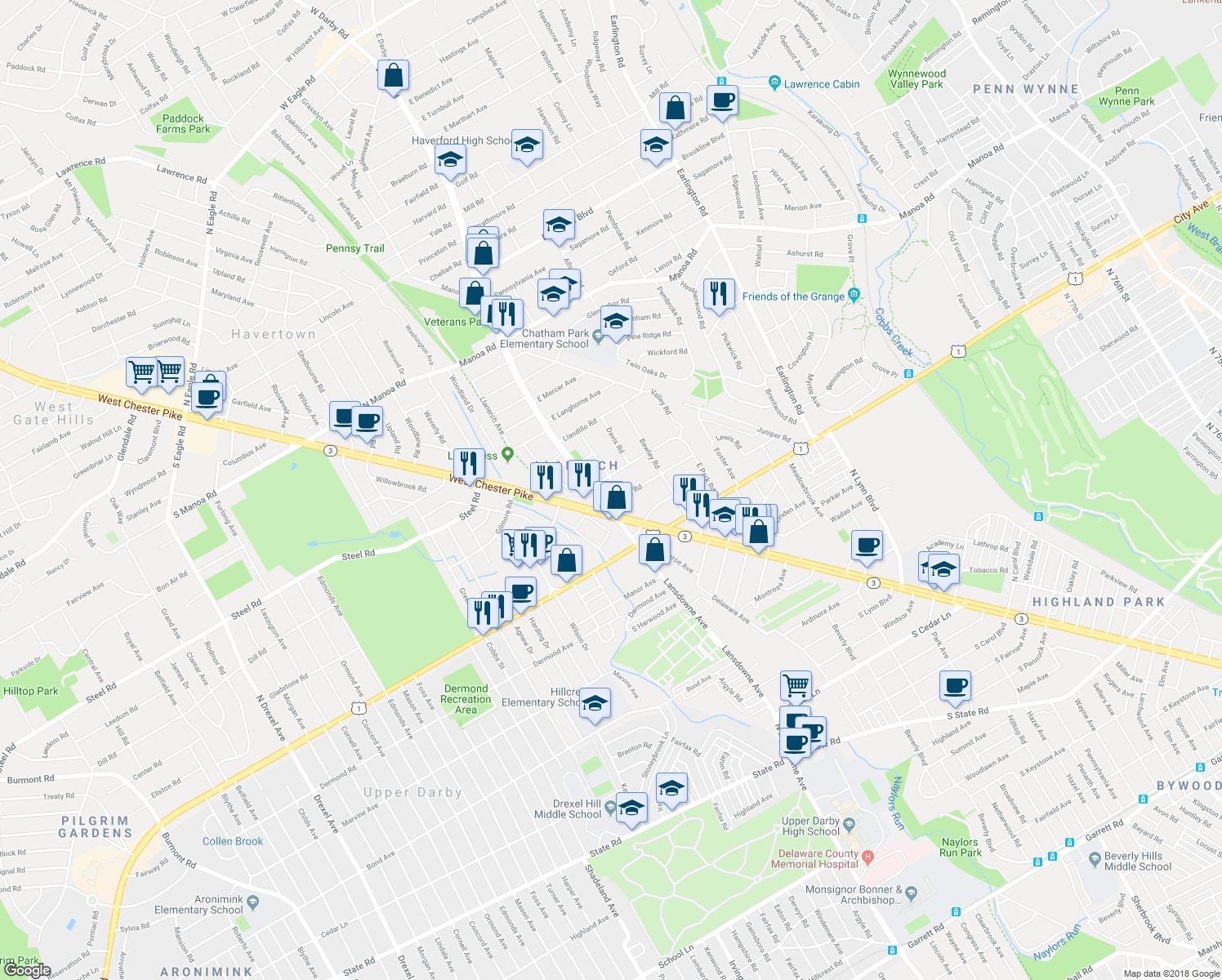 map of restaurants, bars, coffee shops, grocery stores, and more near 205 Lansdowne Road in Havertown
