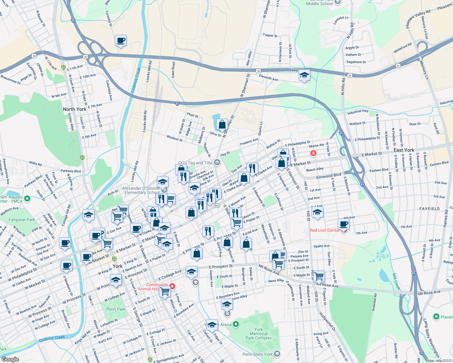 map of restaurants, bars, coffee shops, grocery stores, and more near 832 East Philadelphia Street in York