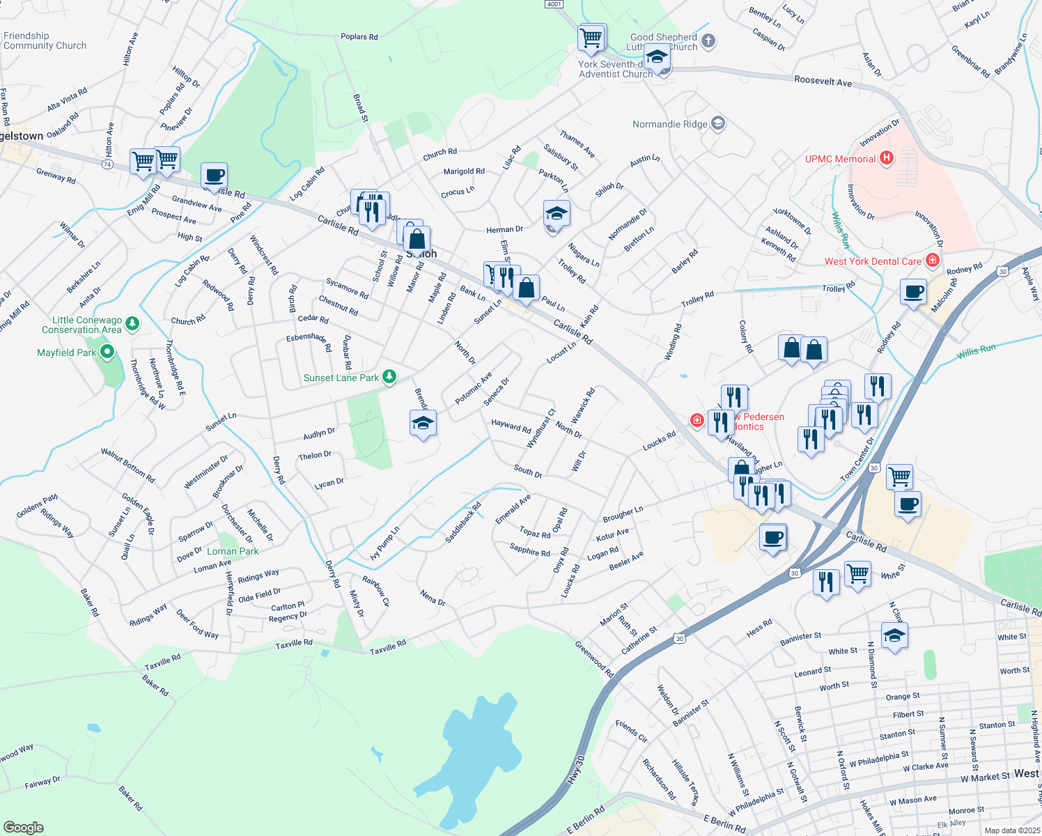 map of restaurants, bars, coffee shops, grocery stores, and more near 1841 Hayward Road in York