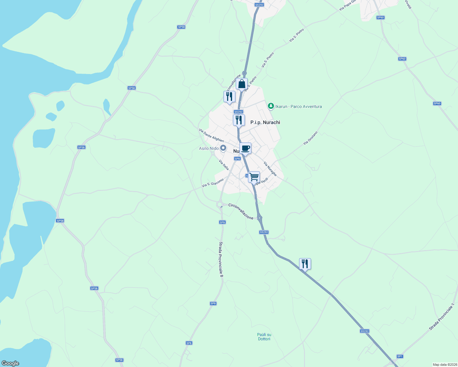map of restaurants, bars, coffee shops, grocery stores, and more near 87 Strada Provinciale 8 in Nurachi