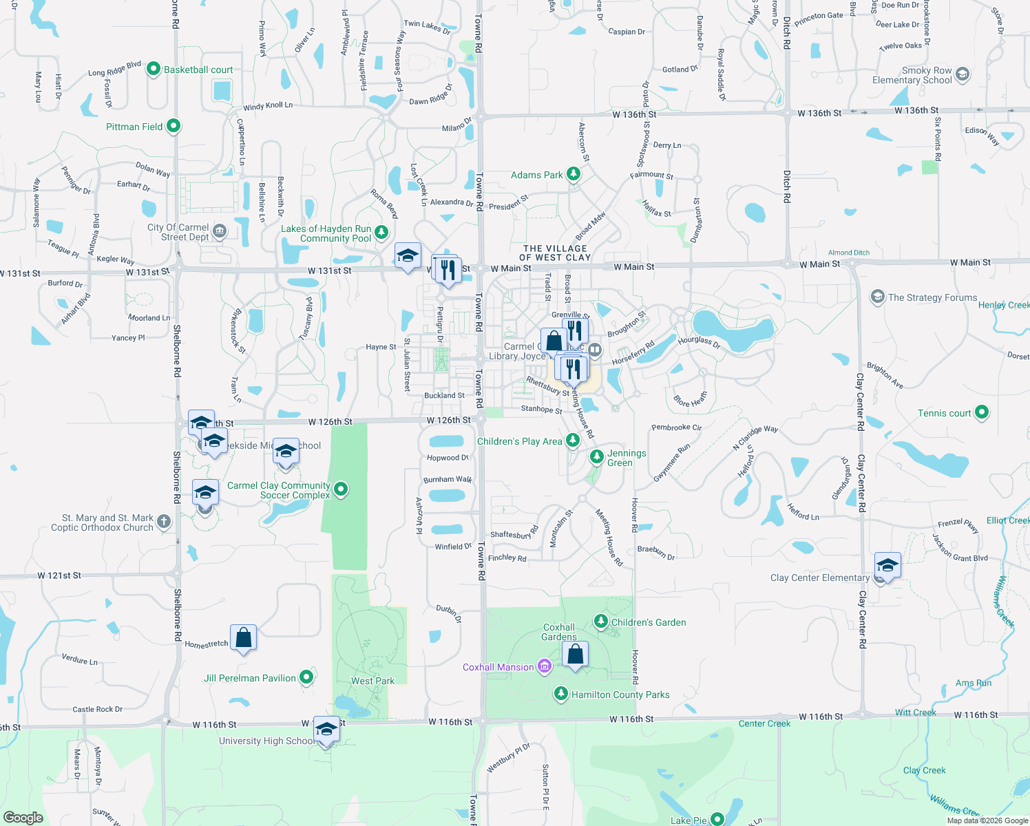 map of restaurants, bars, coffee shops, grocery stores, and more near 2025 Stanhope Street in Carmel