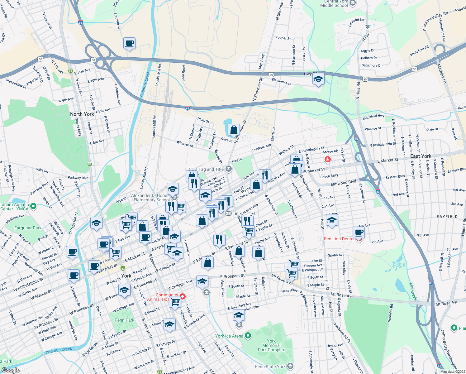 map of restaurants, bars, coffee shops, grocery stores, and more near 811 East Philadelphia Street in York
