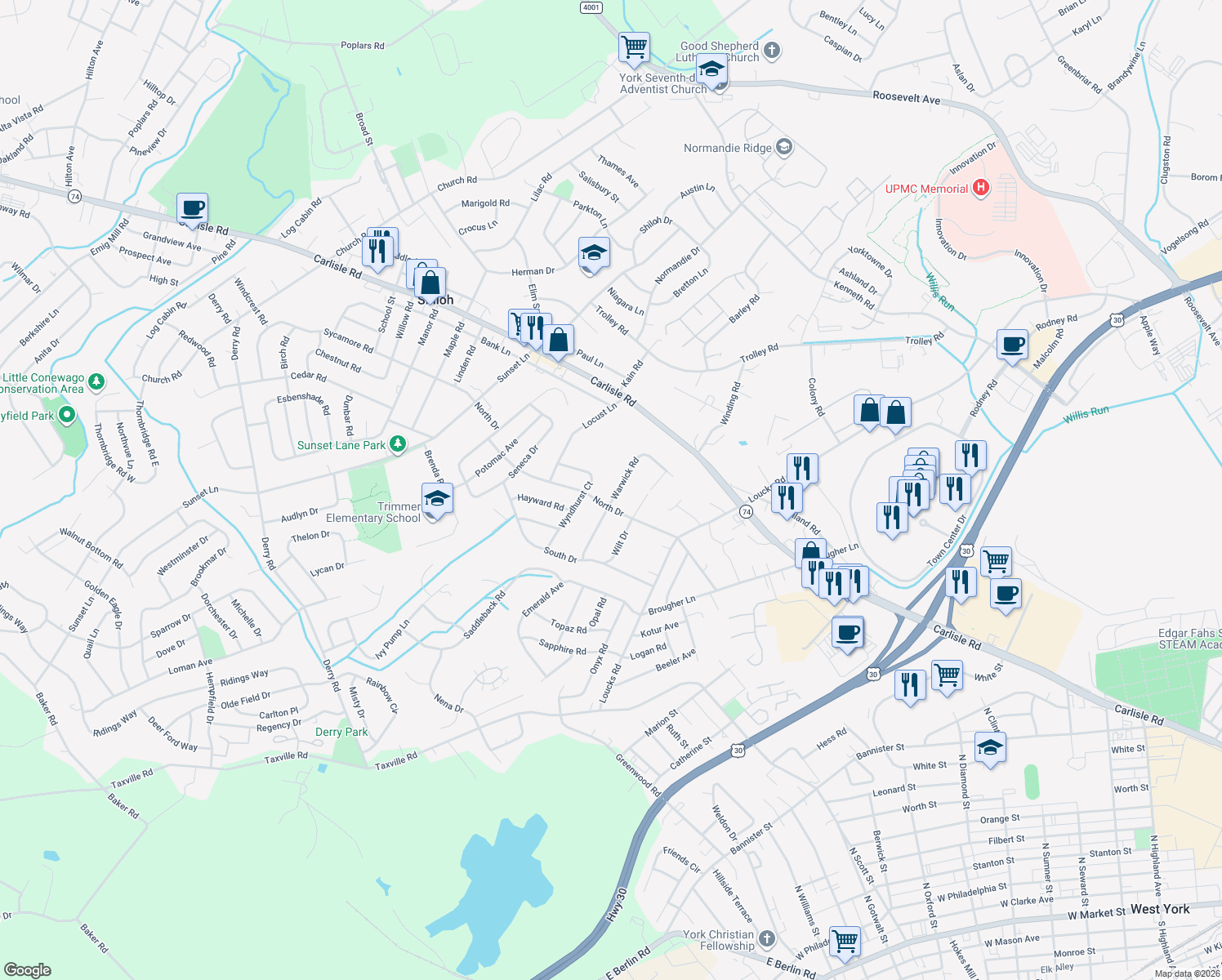 map of restaurants, bars, coffee shops, grocery stores, and more near 2387 Warwick Road in York