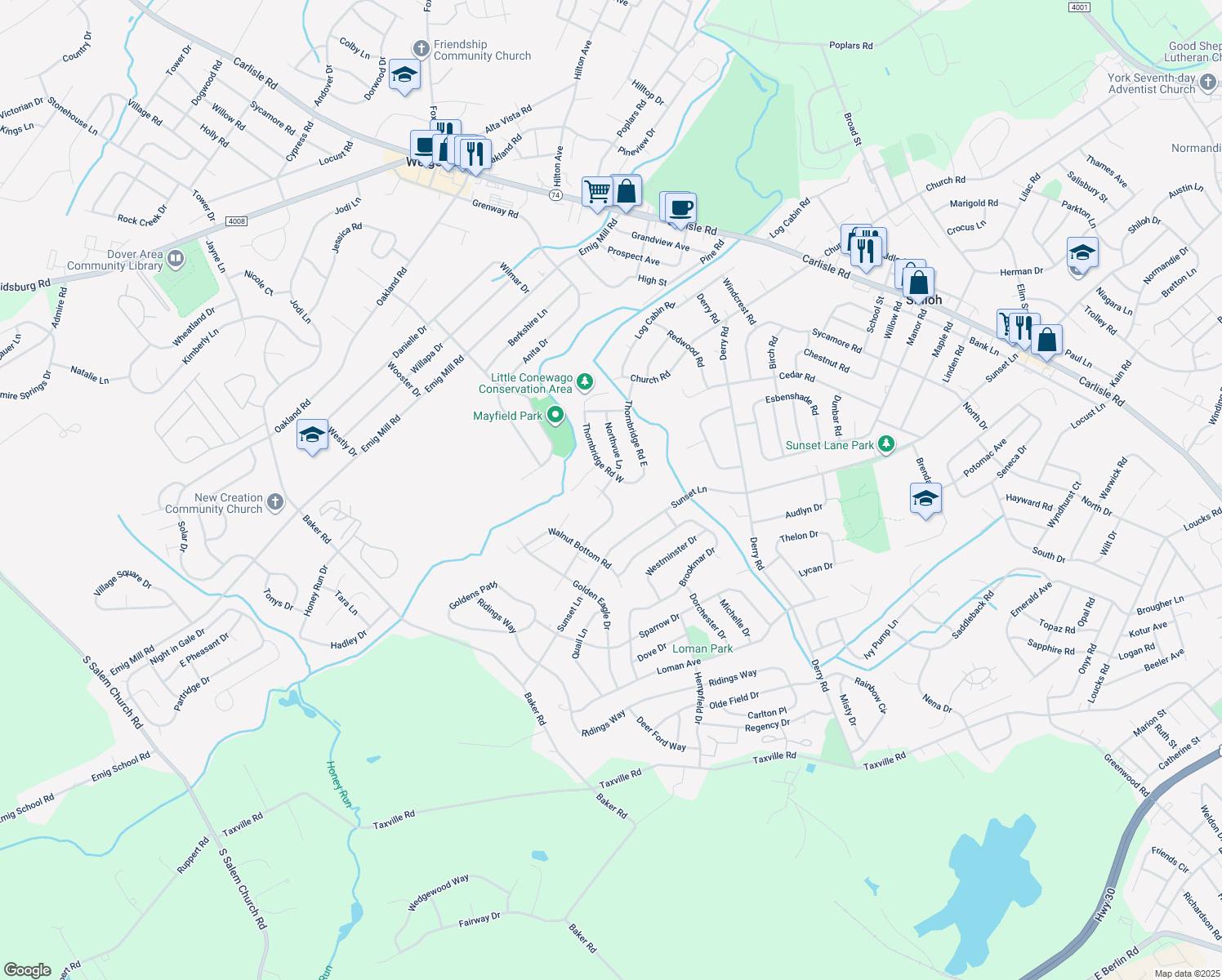 map of restaurants, bars, coffee shops, grocery stores, and more near 2754 Butternut Lane in York