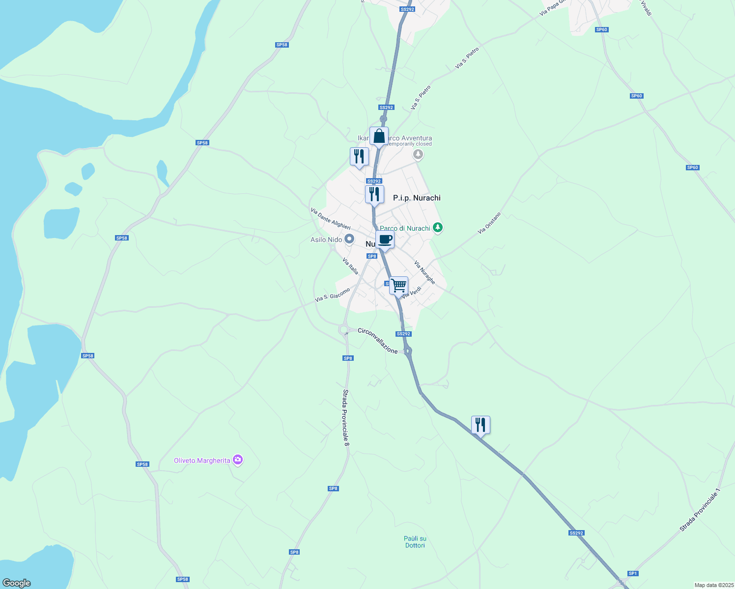 map of restaurants, bars, coffee shops, grocery stores, and more near 16 Via Sant'Agostino in Nurachi