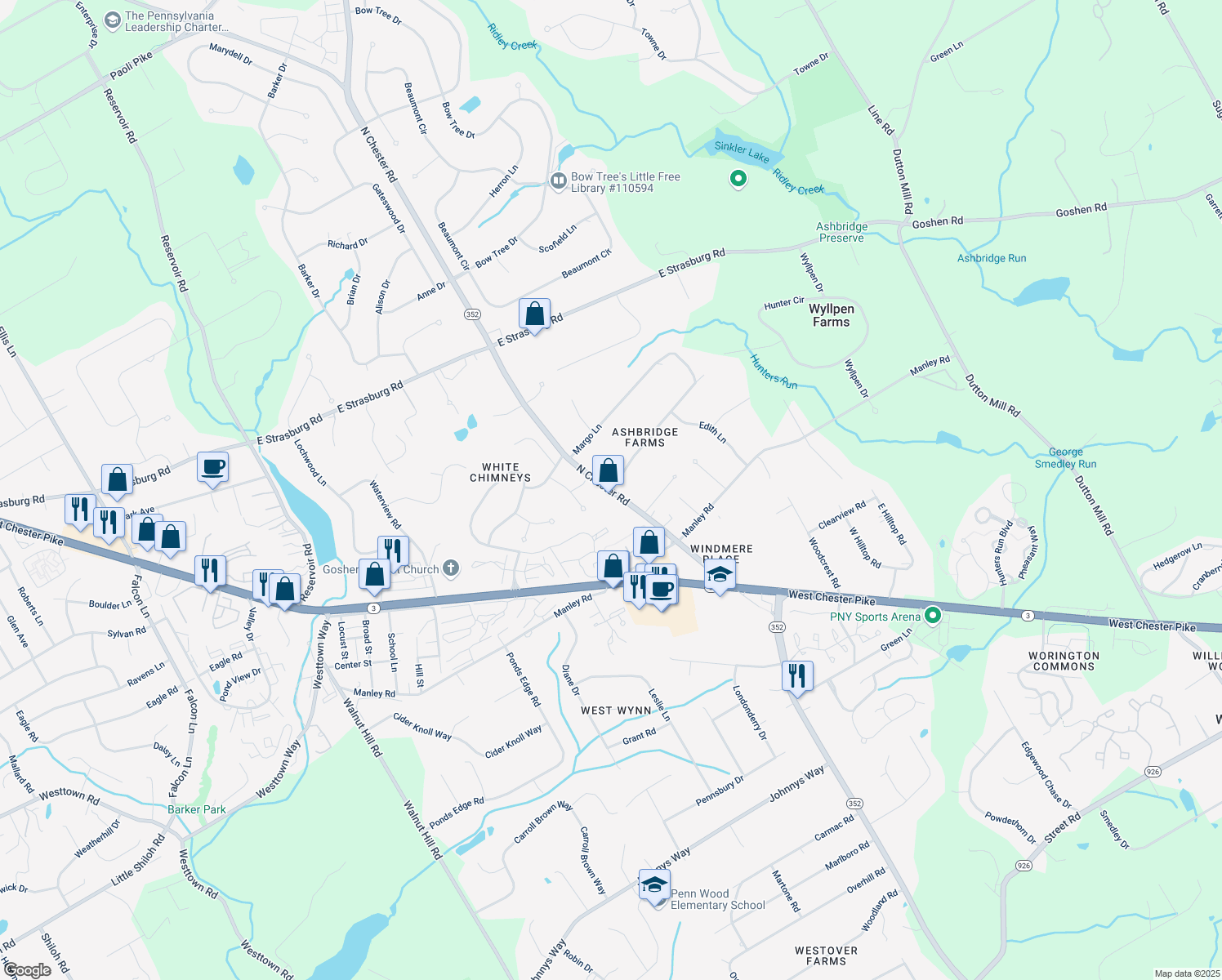 map of restaurants, bars, coffee shops, grocery stores, and more near 1601 Williams Way in West Chester