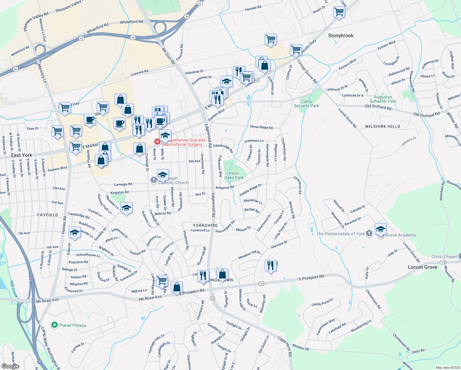 map of restaurants, bars, coffee shops, grocery stores, and more near 3405 Kingston Road in York